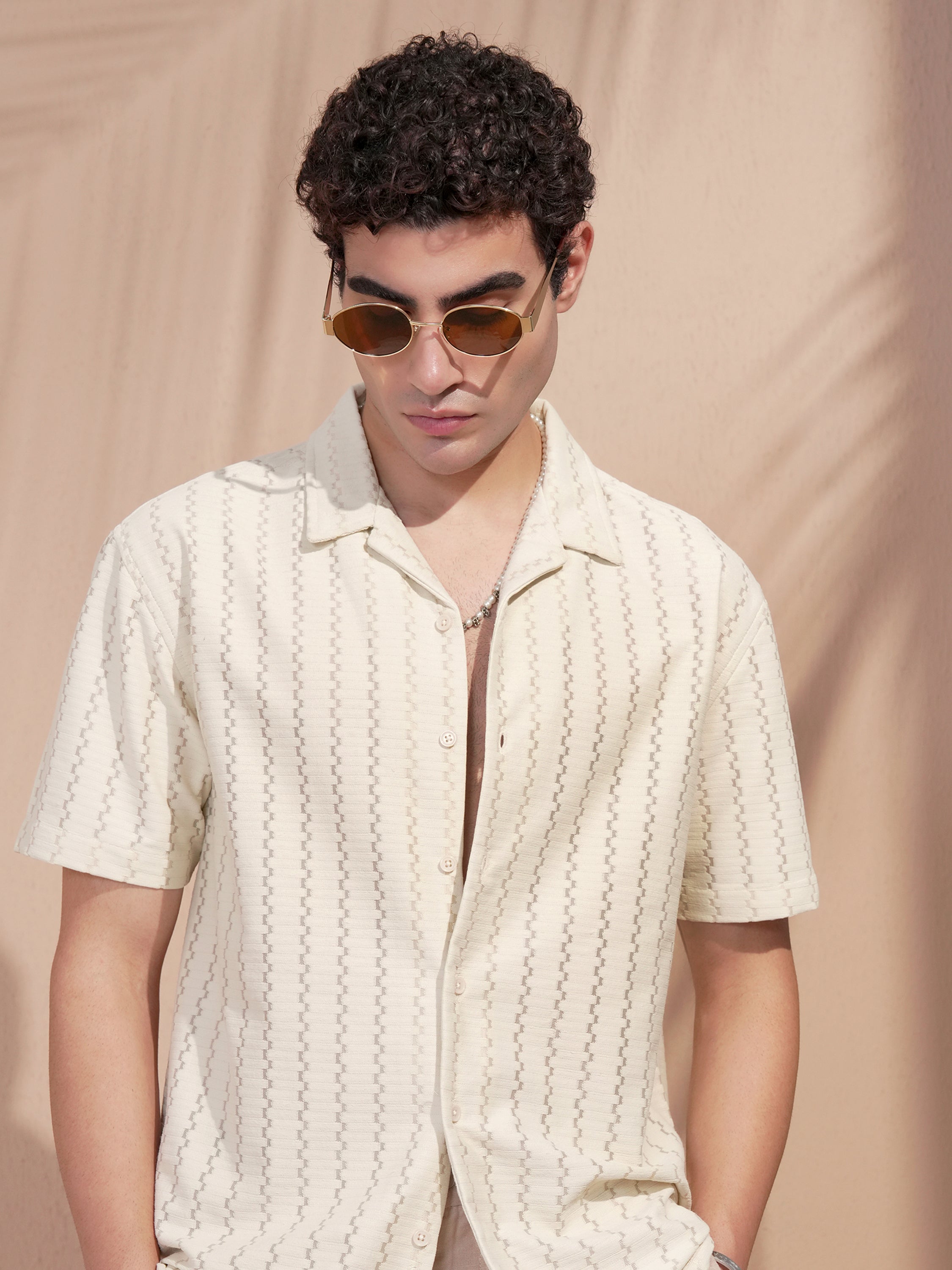 Highlander Men Beige Self Design Relaxed Fit Casual Shirt - Beige - Image 1