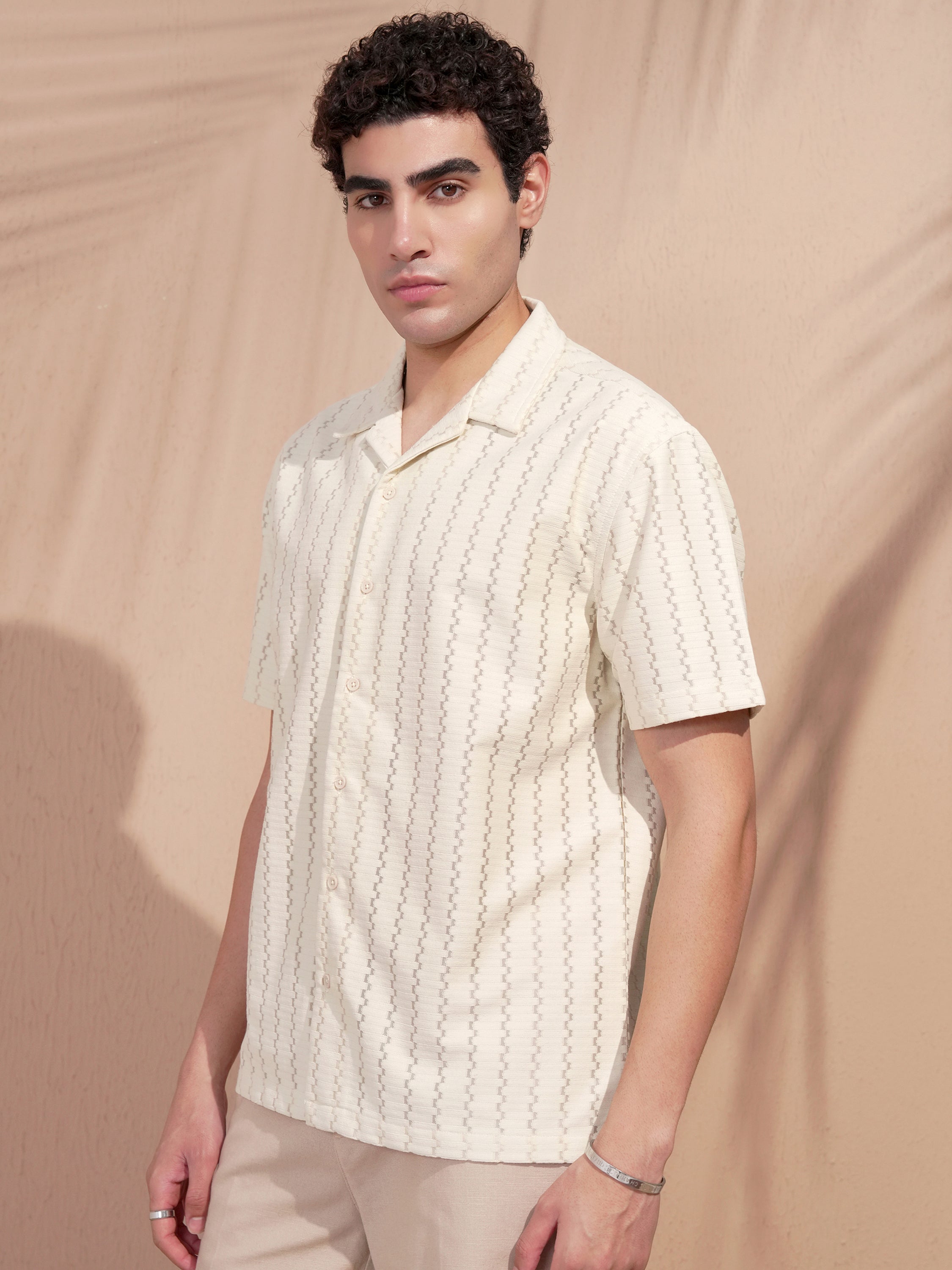 Highlander Men Beige Self Design Relaxed Fit Casual Shirt - Beige - Image 4