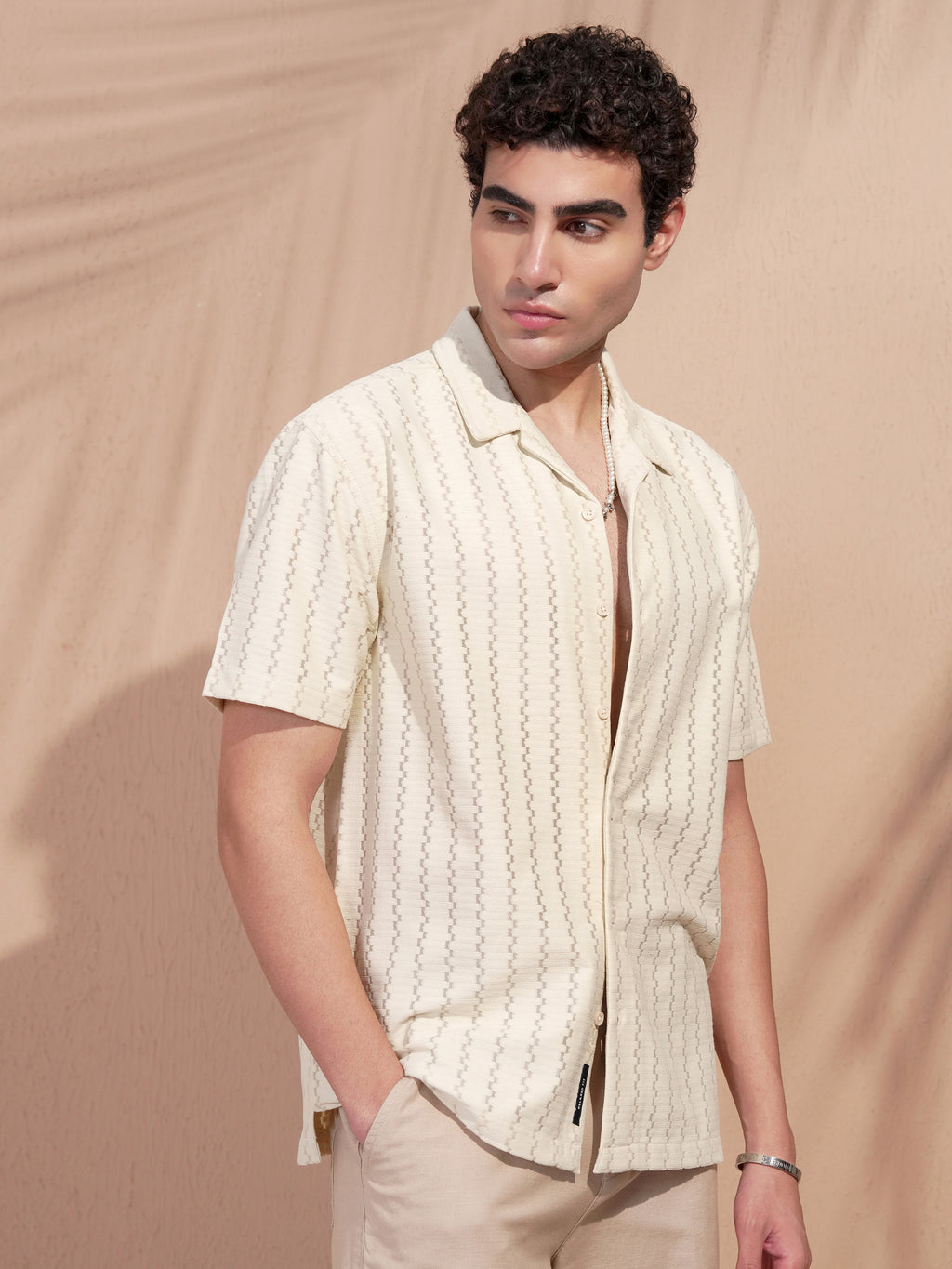 Highlander Men Beige Self Design Relaxed Fit Casual Shirt - Beige - Image 6