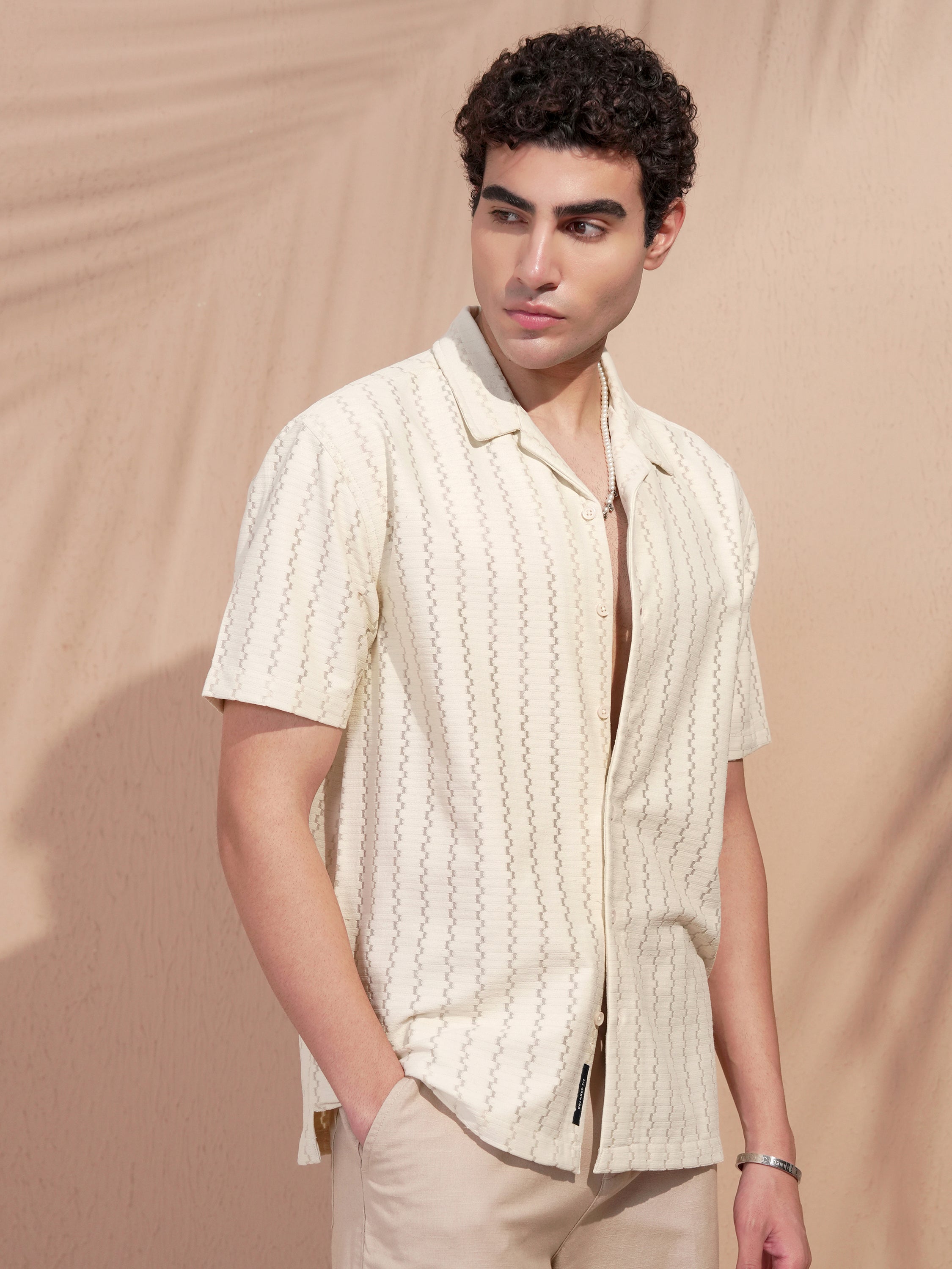 Highlander Men Beige Self Design Relaxed Fit Casual Shirt - Beige - Image 6