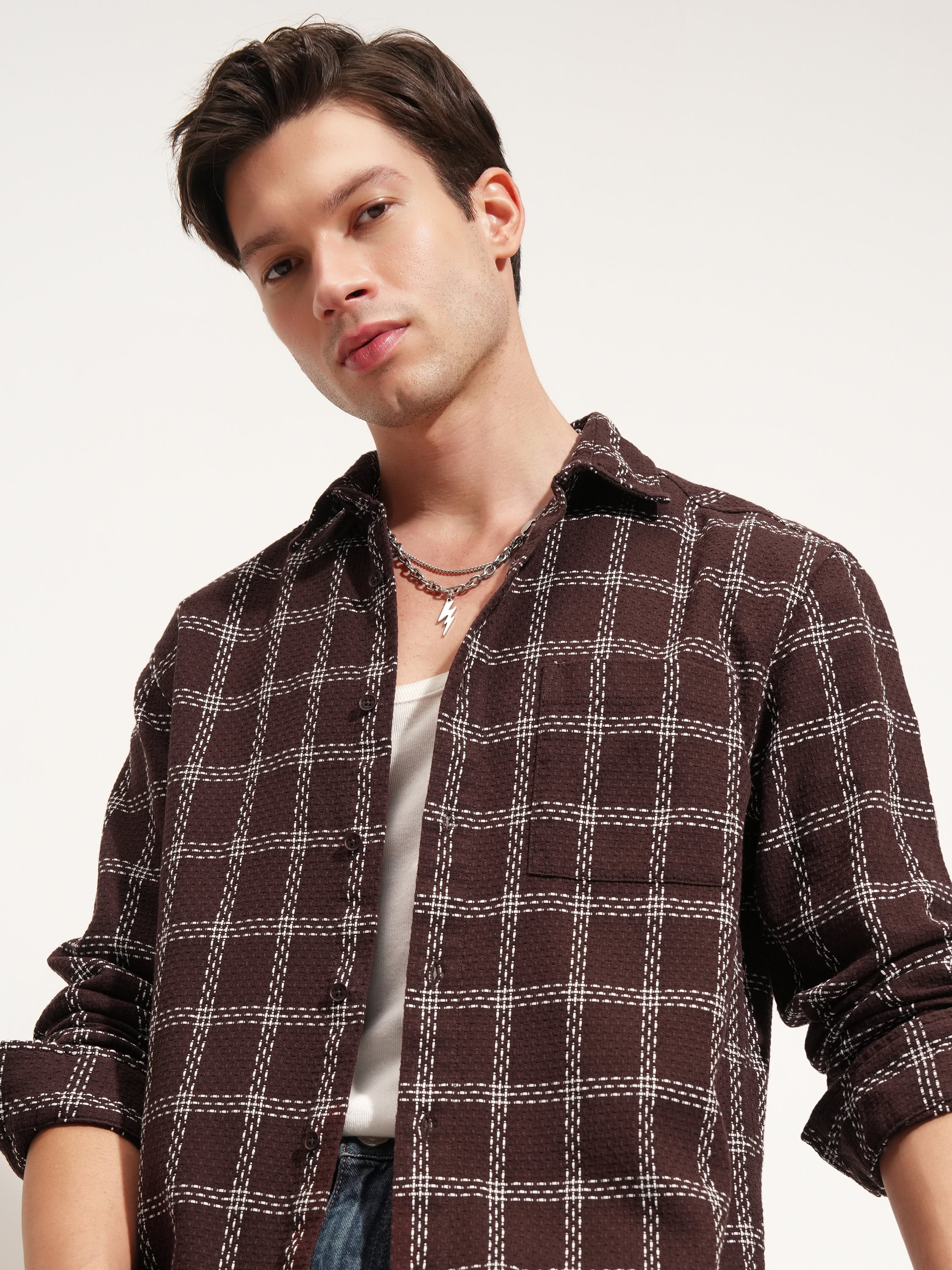 Highlander Men Brown Checked Relaxed Fit Casual Shirt - Brown - Image 1