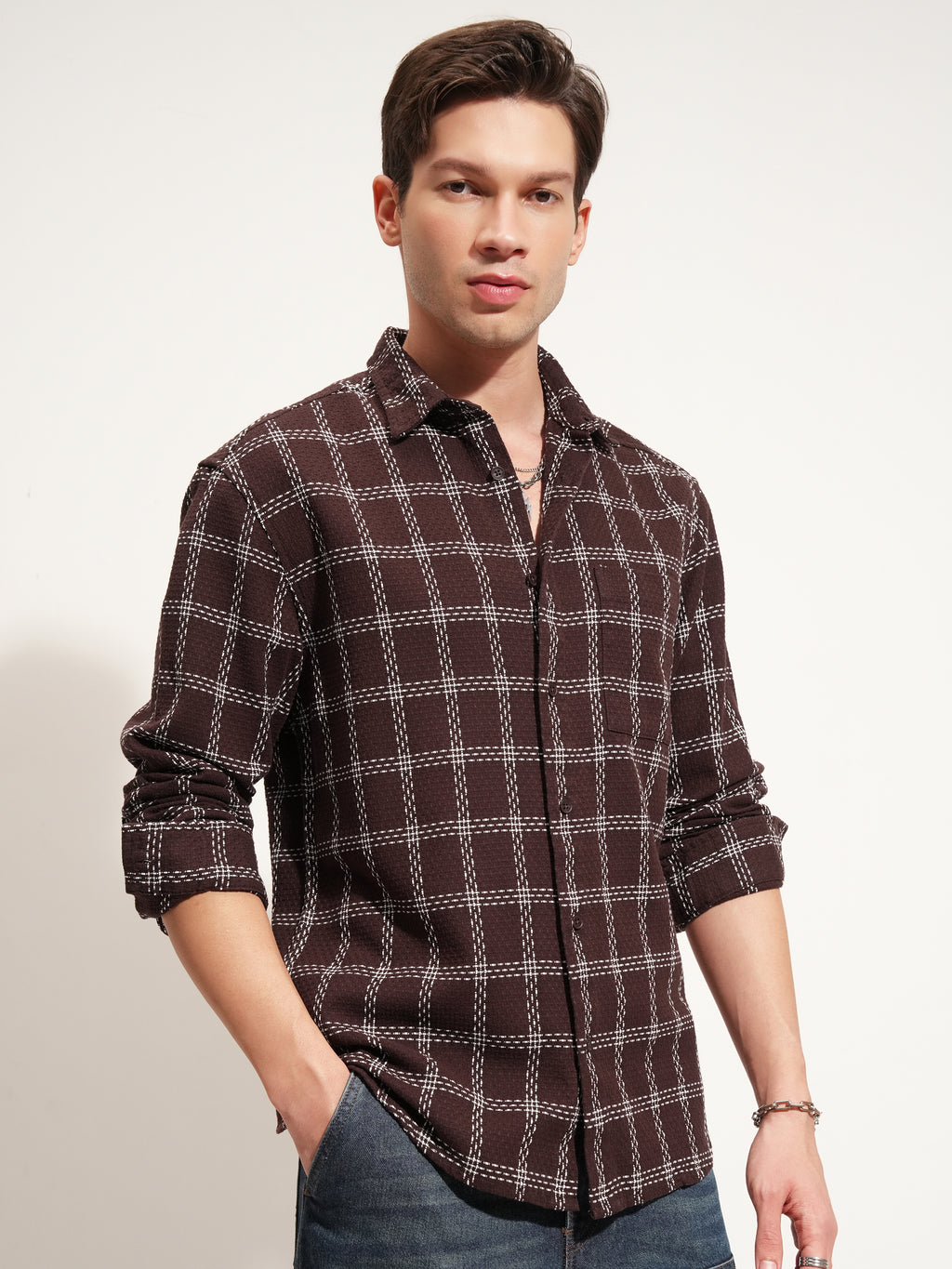 Highlander Men Brown Checked Relaxed Fit Casual Shirt - Brown - Image 6