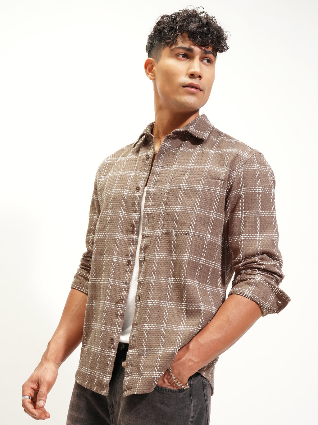 Highlander Men Brown Checked Relaxed Fit Casual Shirt - Brown - Image 4