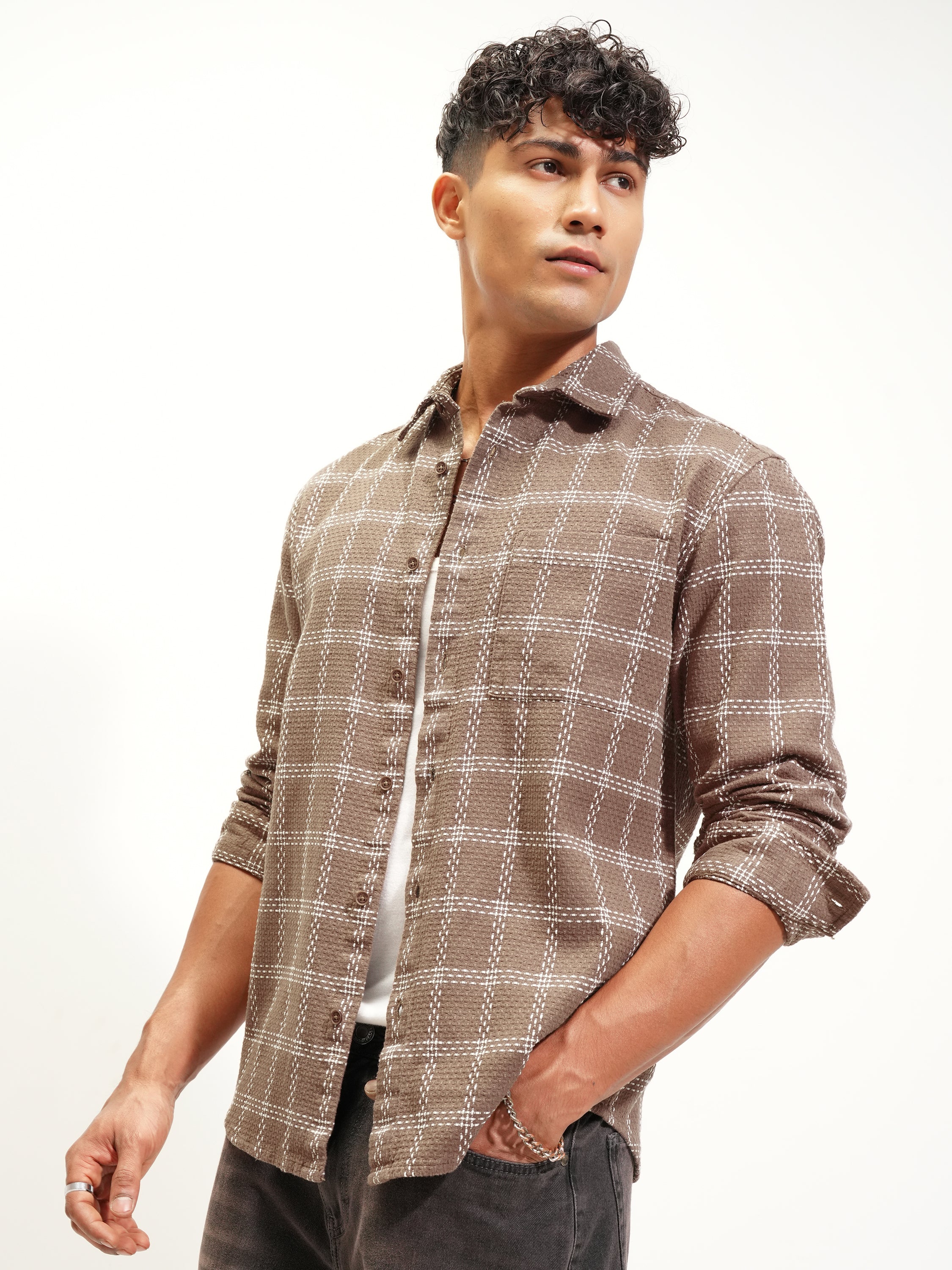 Highlander Men Brown Checked Relaxed Fit Casual Shirt - Brown - Image 4