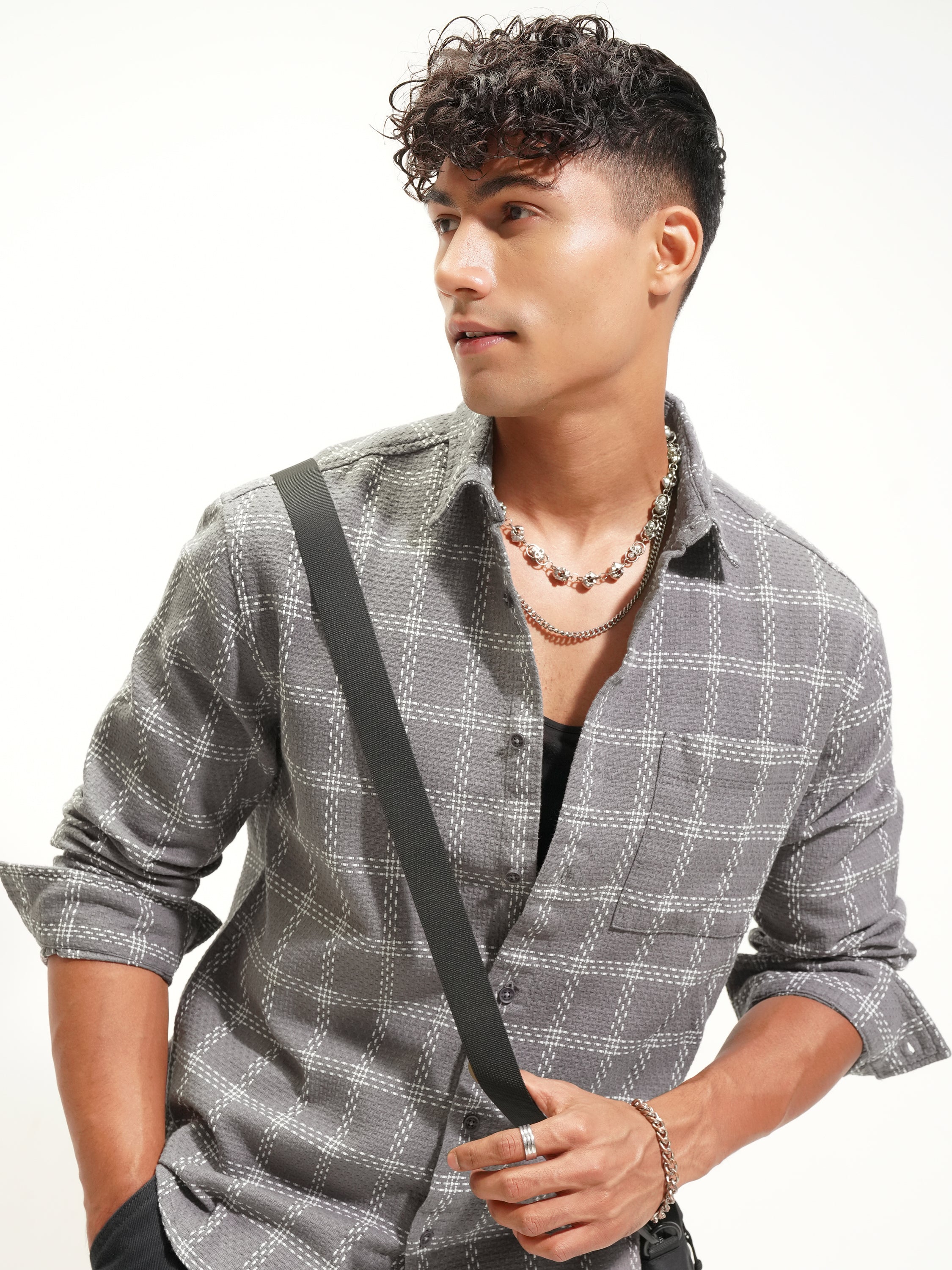Highlander Men Grey Checked Relaxed Fit Casual Shirt - Grey - Image 1