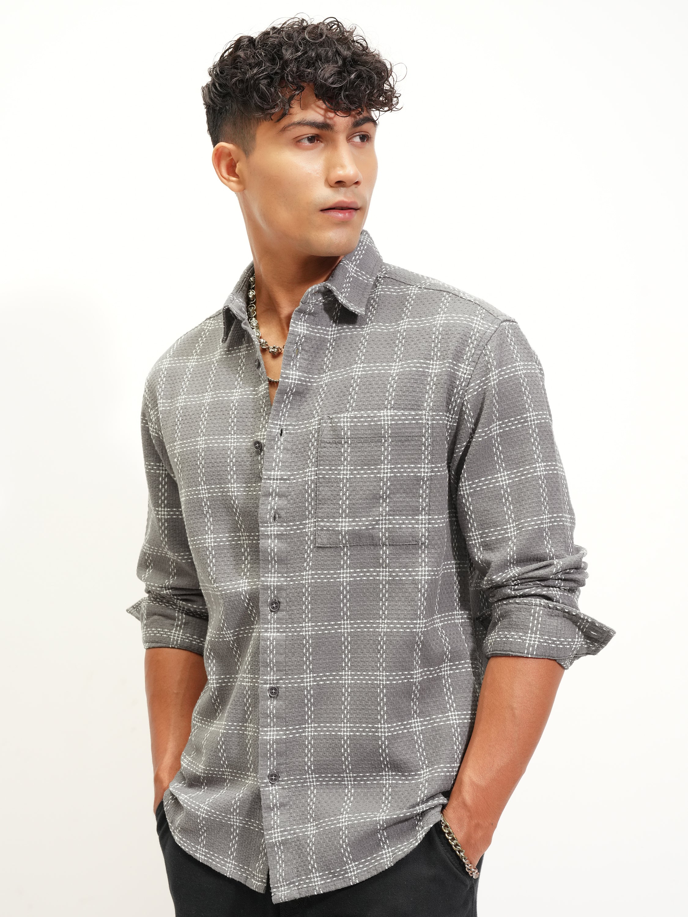 Highlander Men Grey Checked Relaxed Fit Casual Shirt - Grey - Image 4