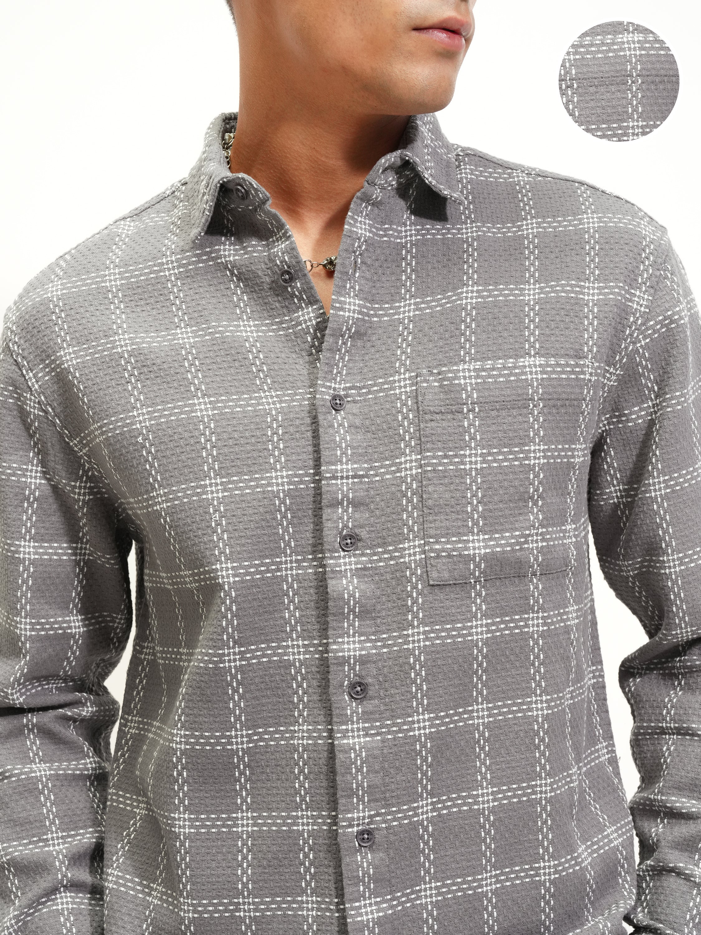 Highlander Men Grey Checked Relaxed Fit Casual Shirt - Grey - Image 5