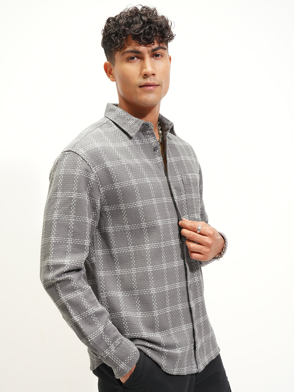 Highlander Men Grey Checked Relaxed Fit Casual Shirt - Grey - Image 6