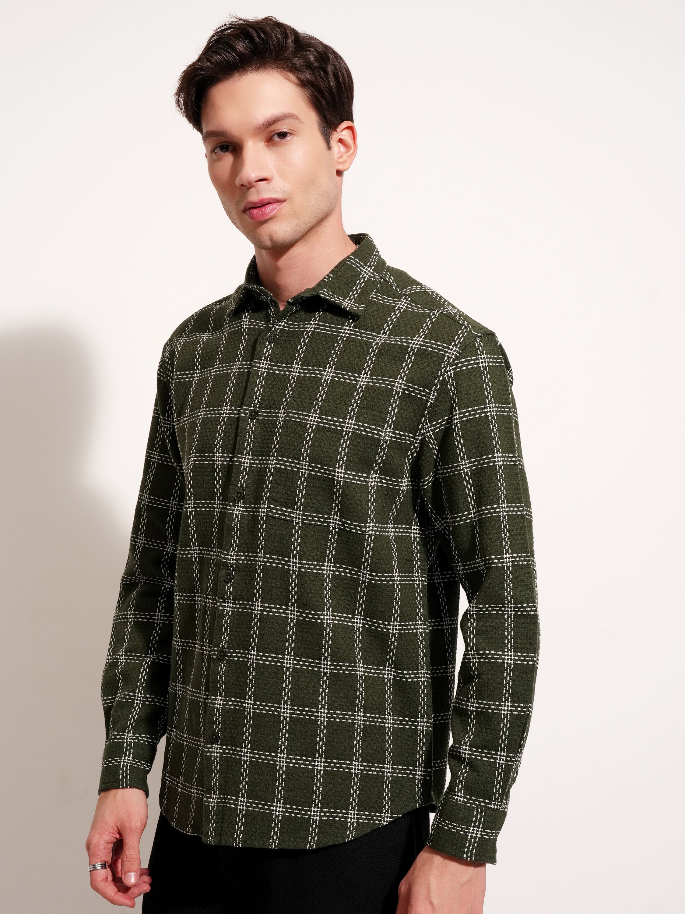 Highlander Men Green Checked Relaxed Fit Casual Shirt - Green - Image 4