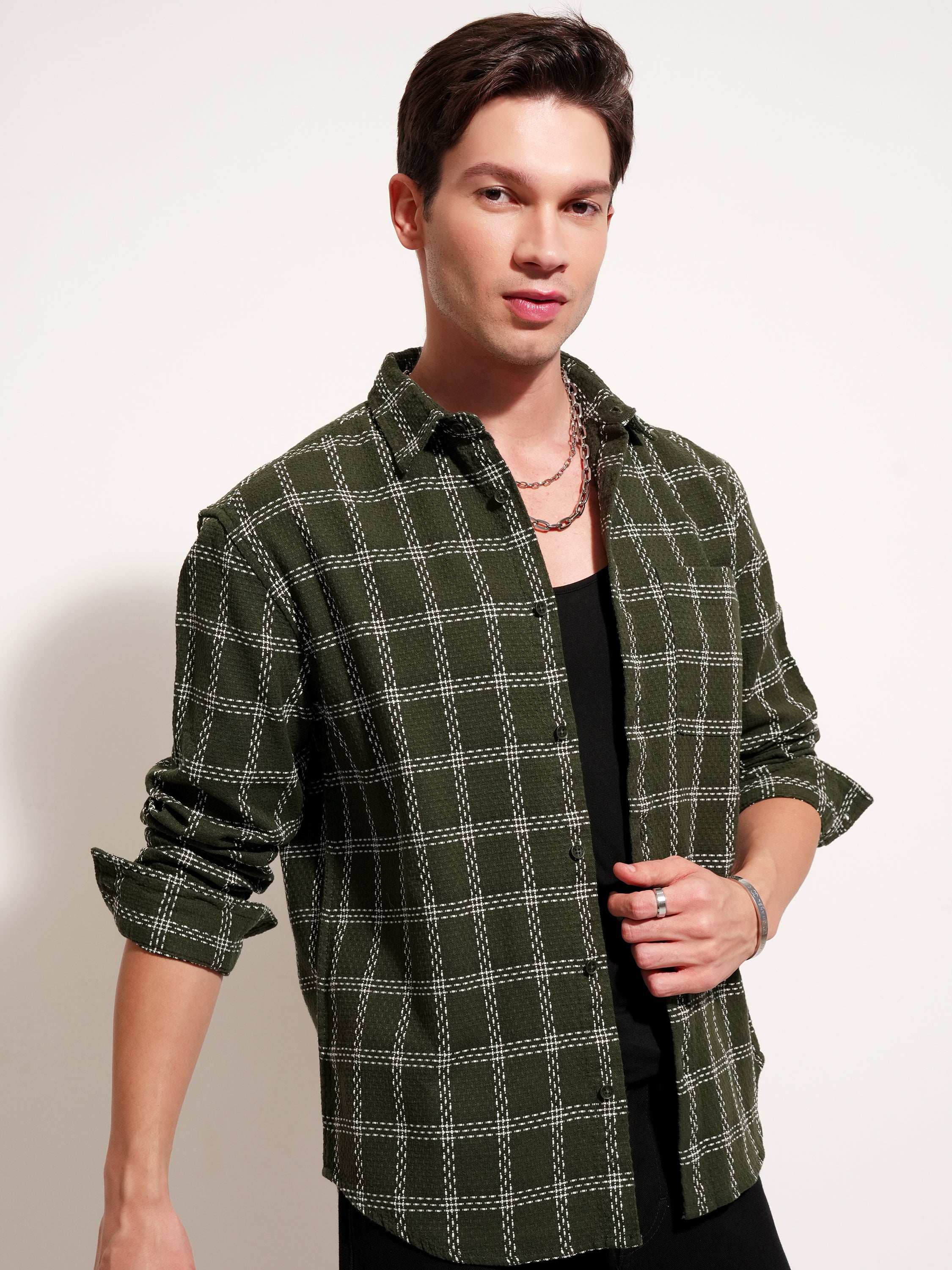 Highlander Men Green Checked Relaxed Fit Casual Shirt - Green - Image 6