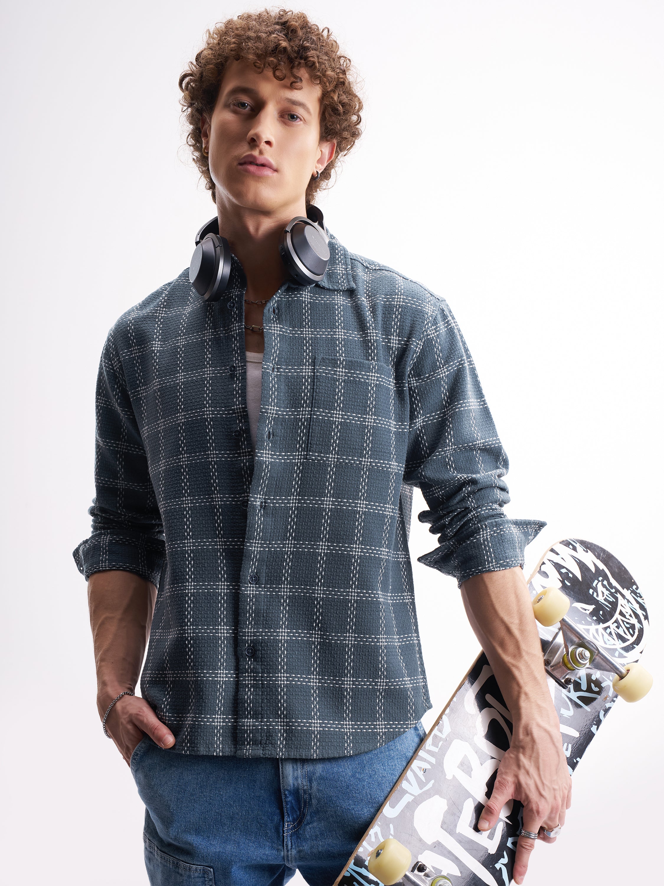 Highlander Men Blue Checked Relaxed Fit Casual Shirt - Blue - Image 1