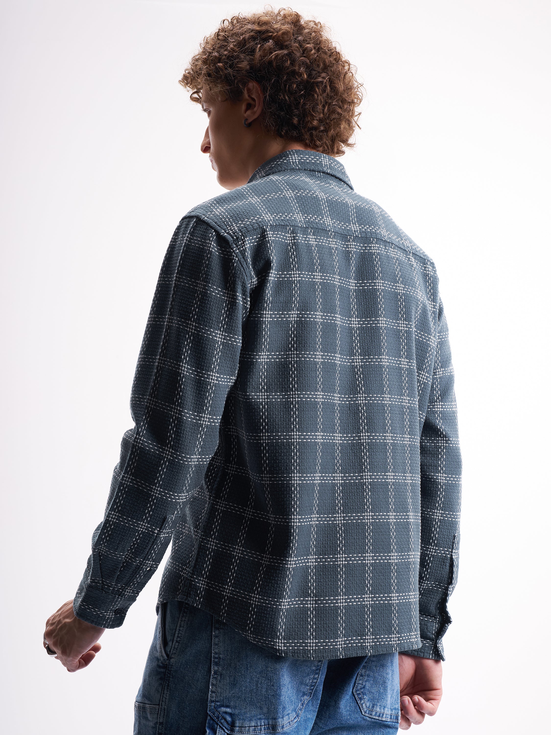 Highlander Men Blue Checked Relaxed Fit Casual Shirt - Blue - Image 3
