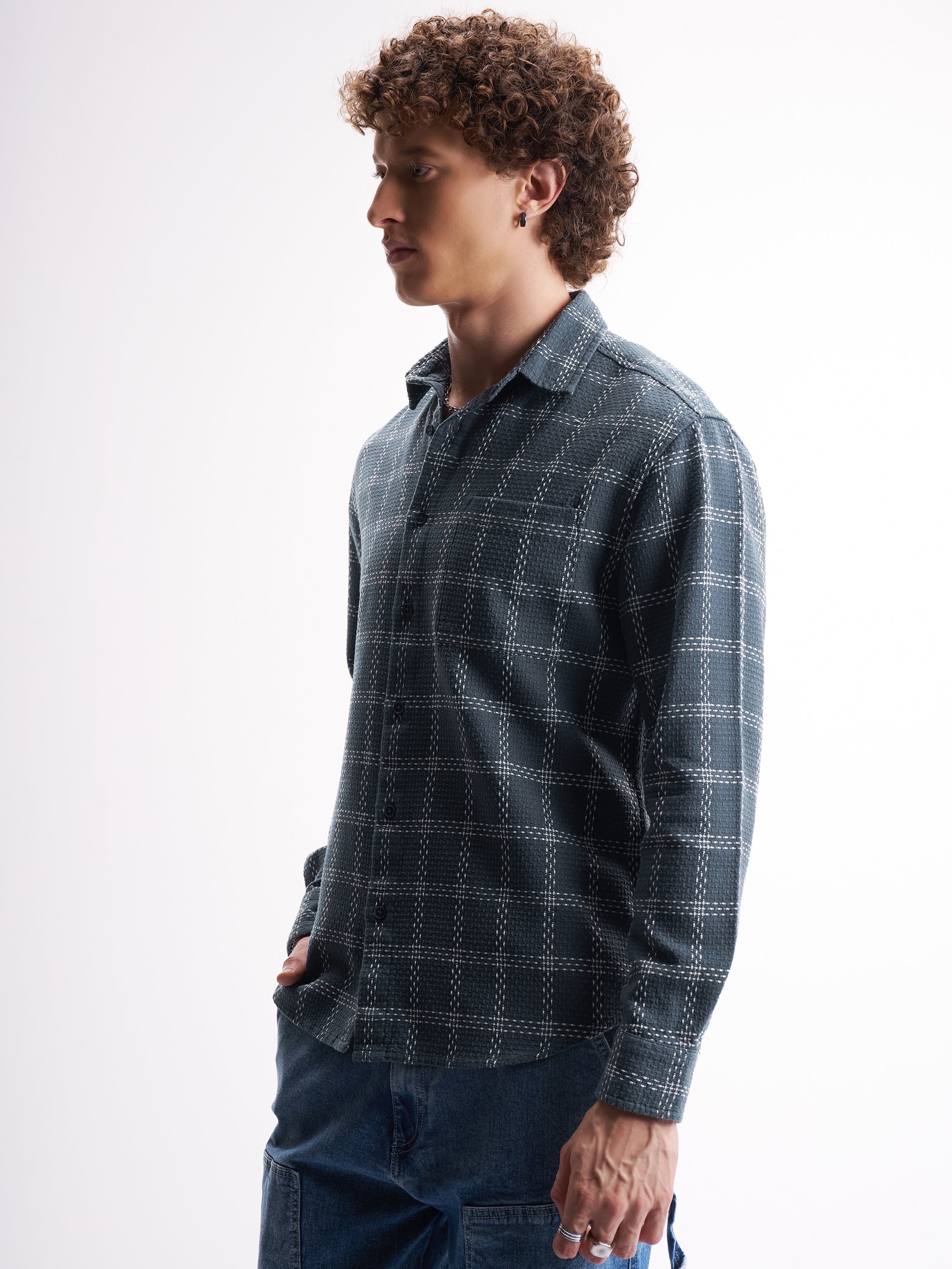 Highlander Men Blue Checked Relaxed Fit Casual Shirt - Blue - Image 4