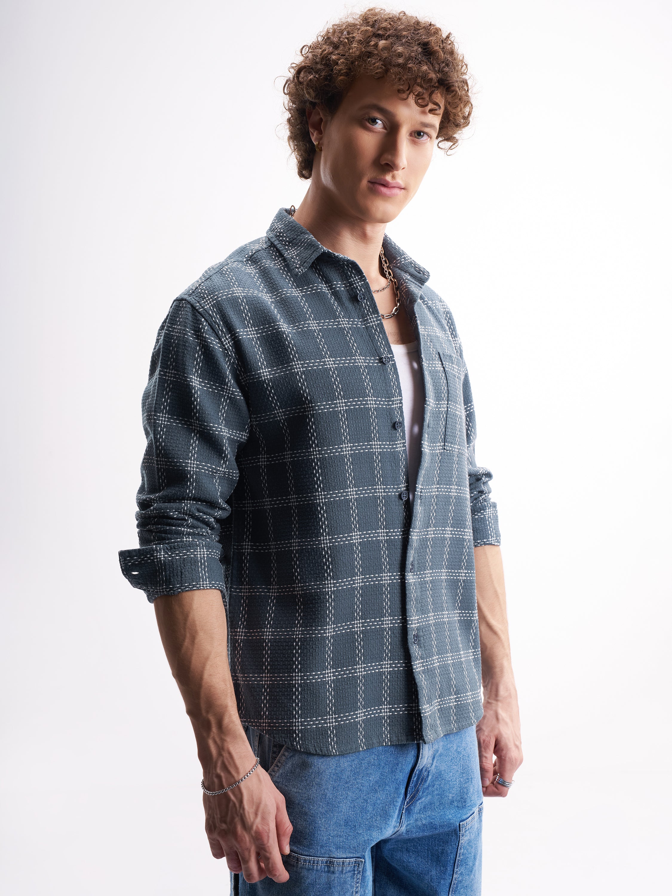 Highlander Men Blue Checked Relaxed Fit Casual Shirt - Blue - Image 6