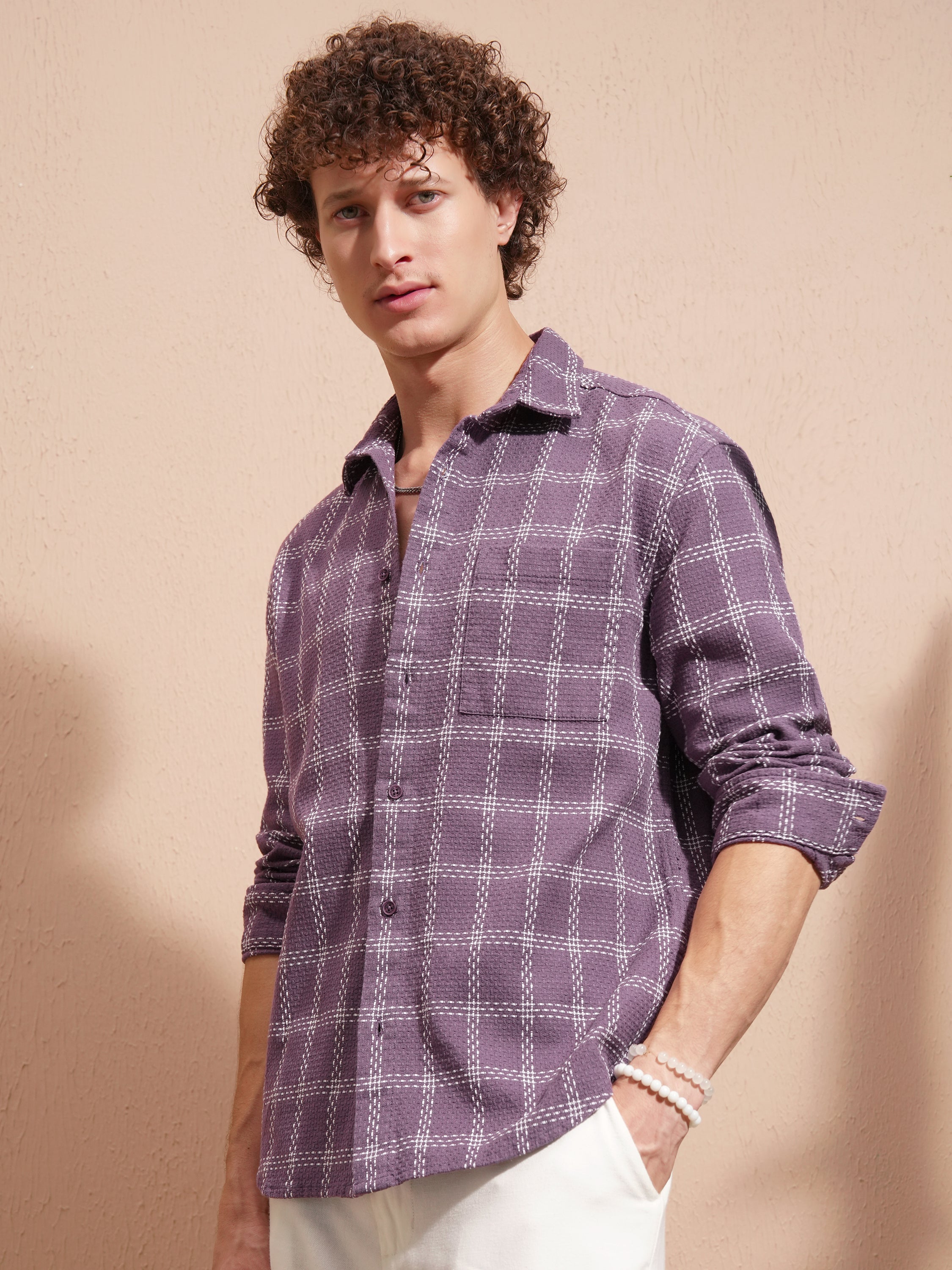 Highlander Men Purple Checked Relaxed Fit Casual Shirt - Purple - Image 4