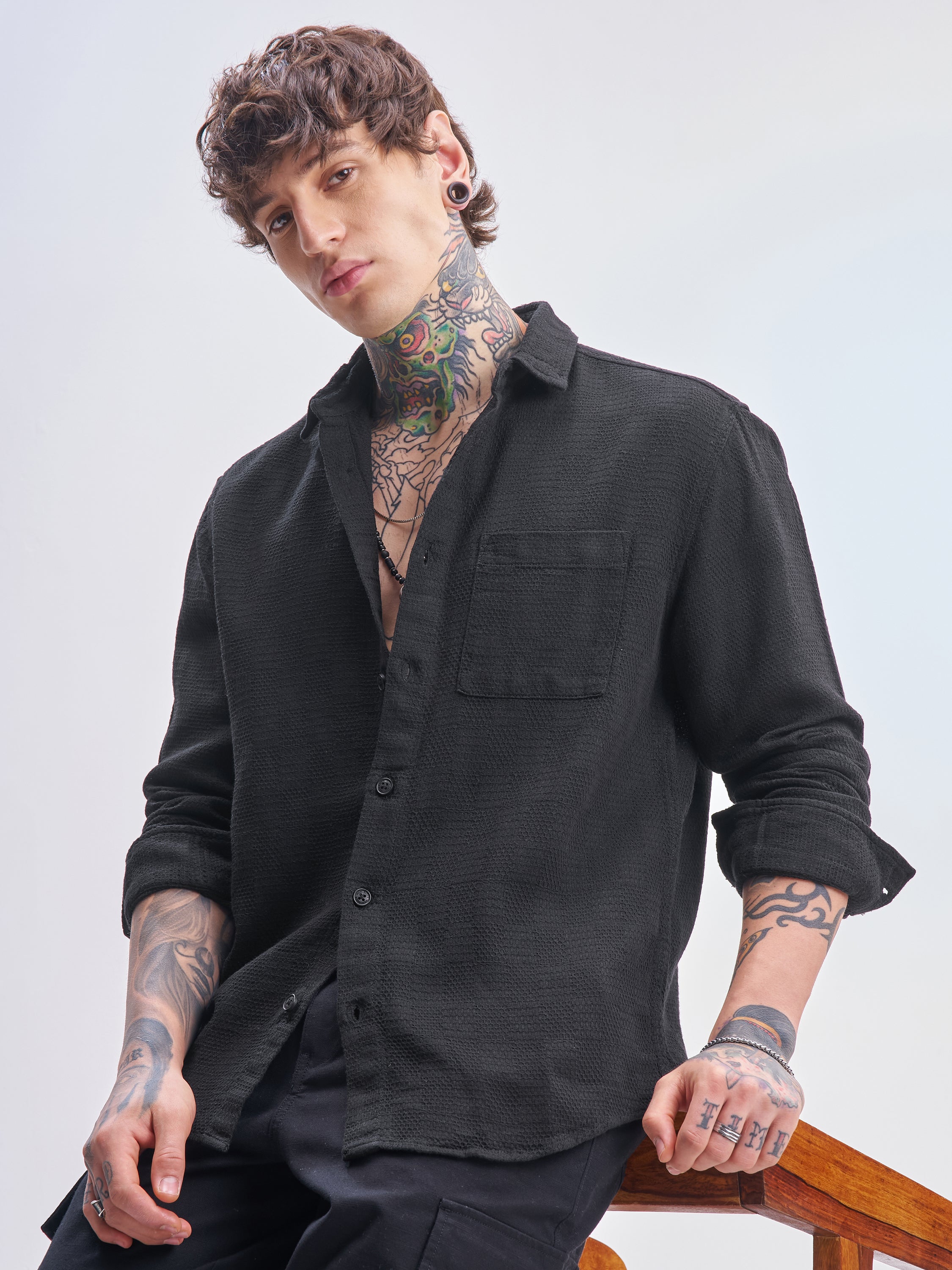 Highlander Men Black Self Design Relaxed Fit Casual Shirt - Black - Image 1