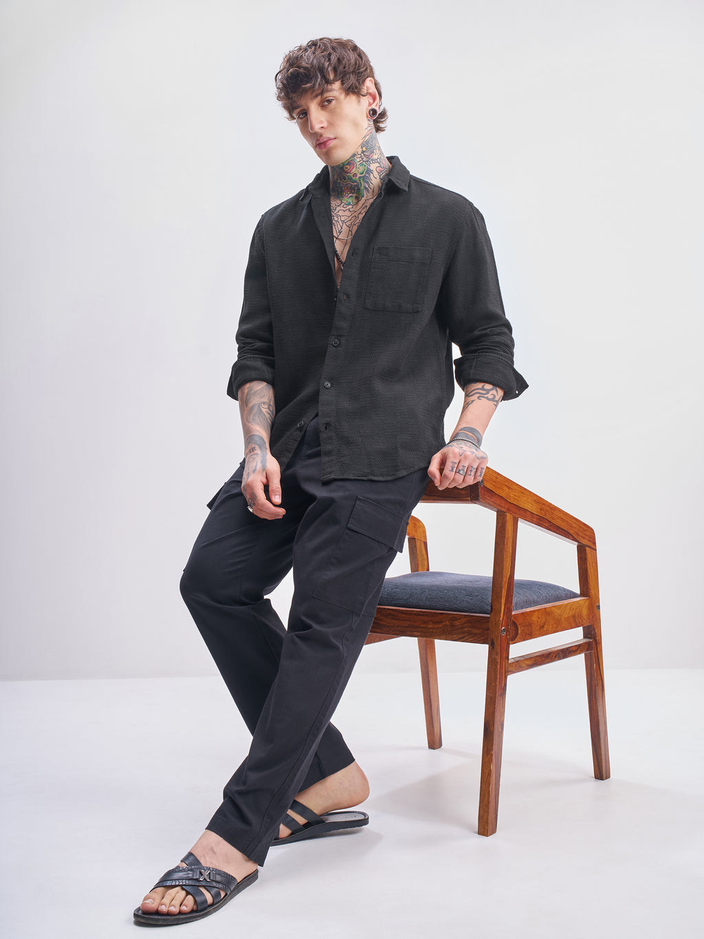 Highlander Men Black Self Design Relaxed Fit Casual Shirt - Black - Image 2