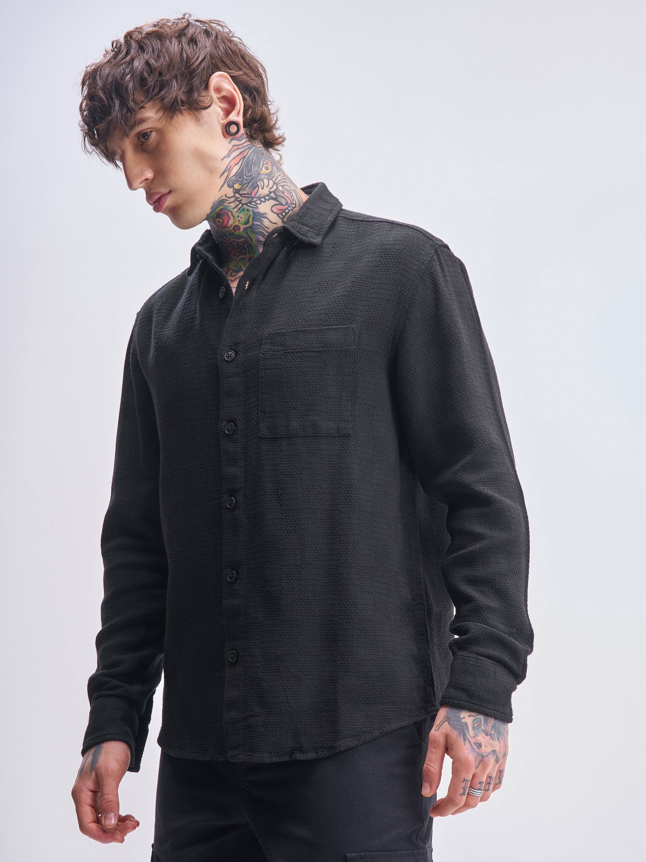 Highlander Men Black Self Design Relaxed Fit Casual Shirt - Black - Image 4