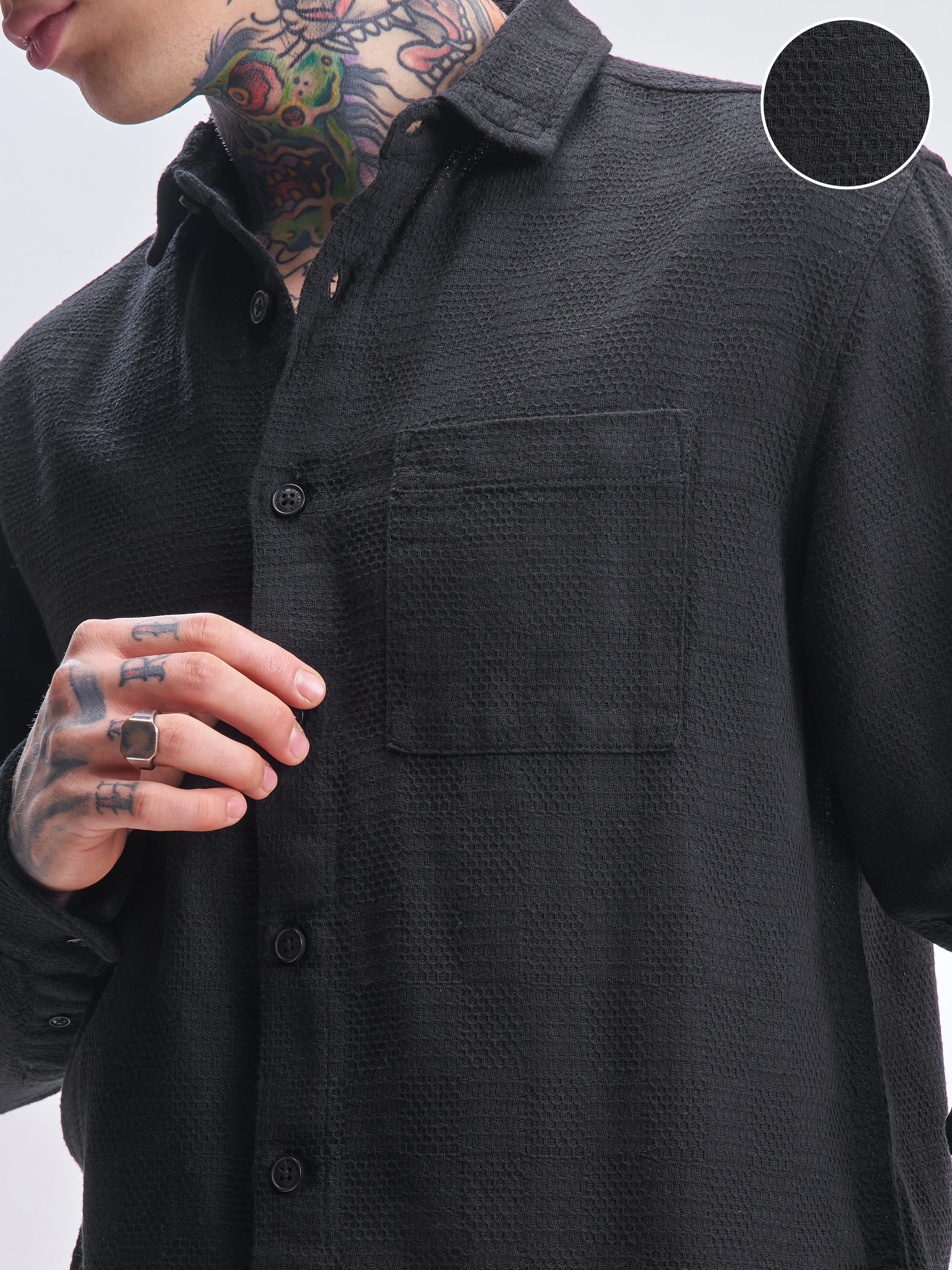 Highlander Men Black Self Design Relaxed Fit Casual Shirt - Black - Image 5