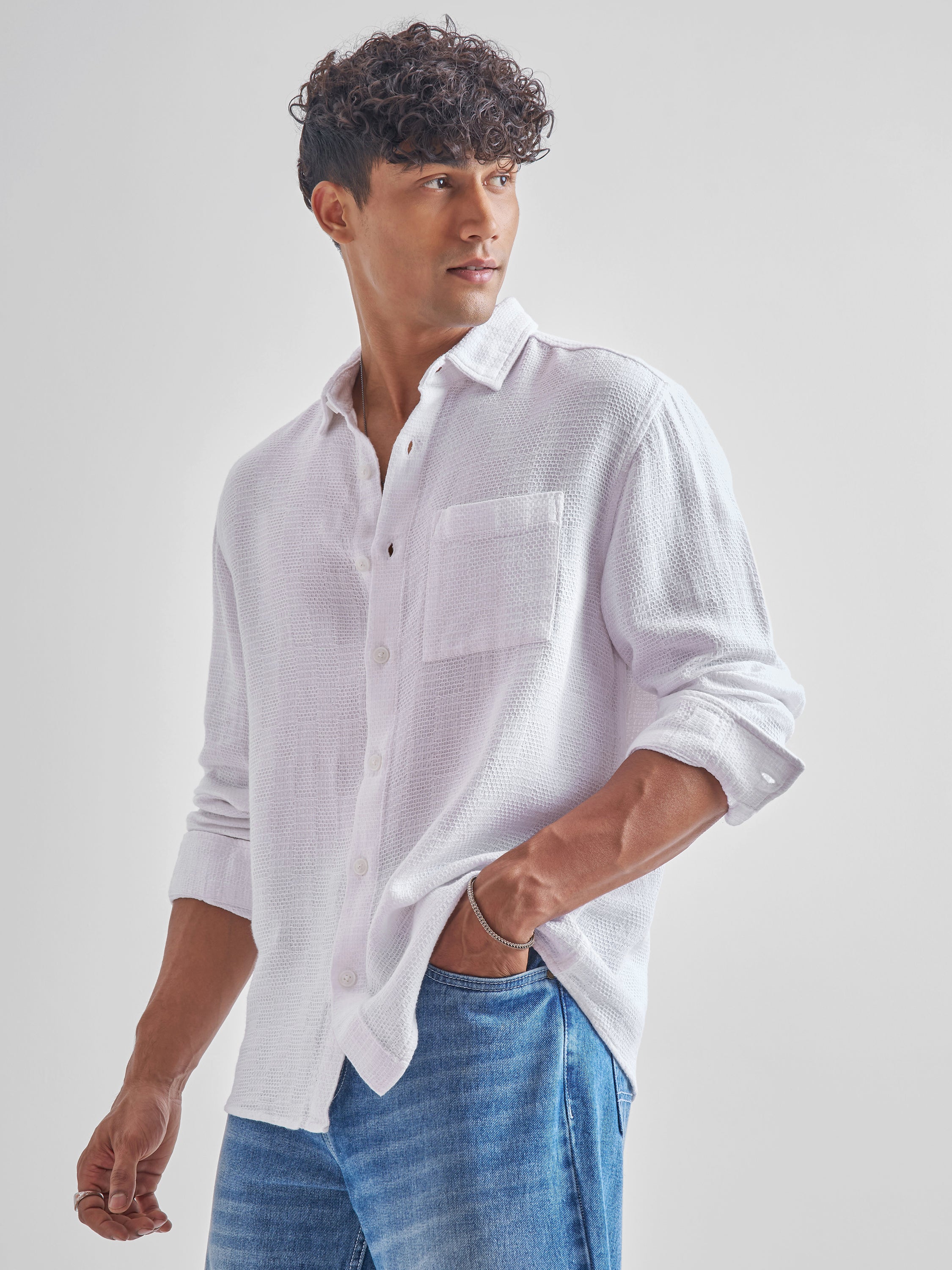 Highlander Men White Self Design Relaxed Fit Casual Shirt - White - Image 4