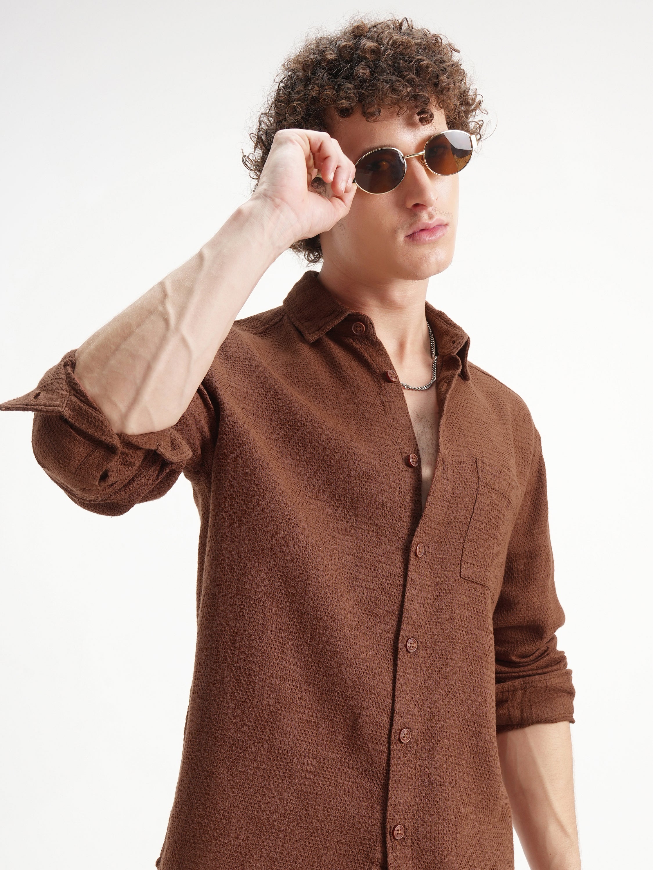Highlander Men Brown Self Design Relaxed Fit Casual Shirt - Brown - Image 1