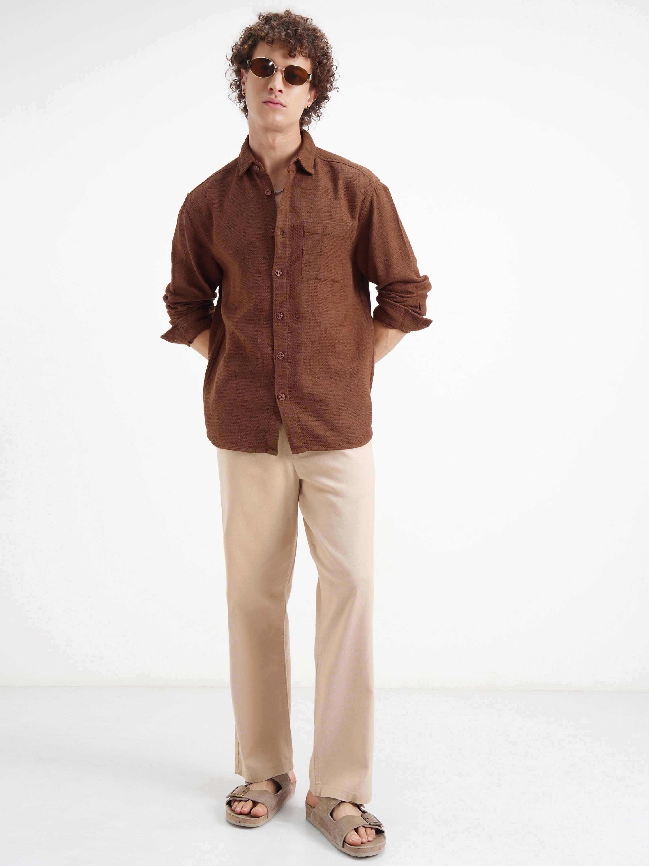 Highlander Men Brown Self Design Relaxed Fit Casual Shirt - Brown - Image 2