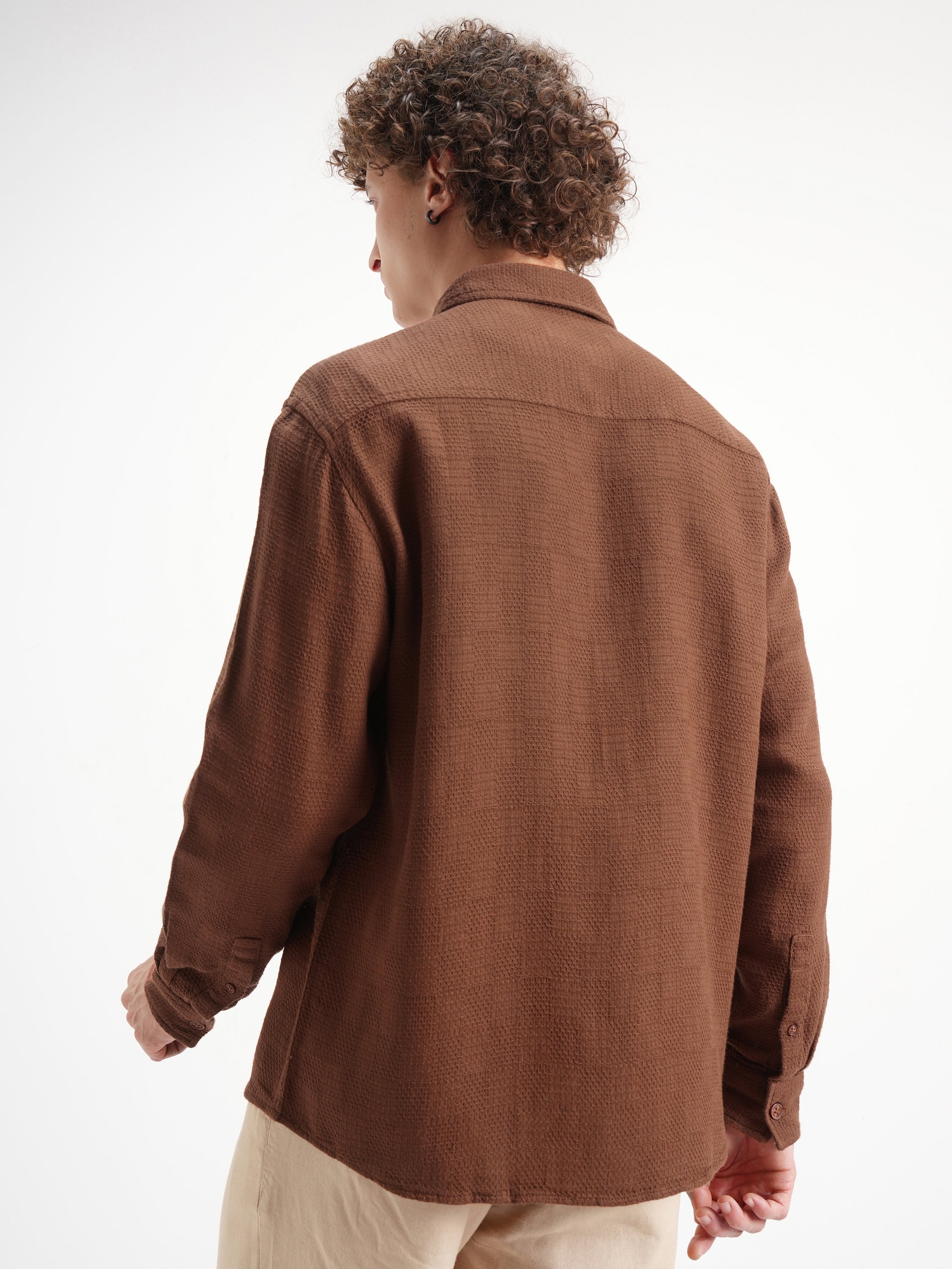 Highlander Men Brown Self Design Relaxed Fit Casual Shirt - Brown - Image 3