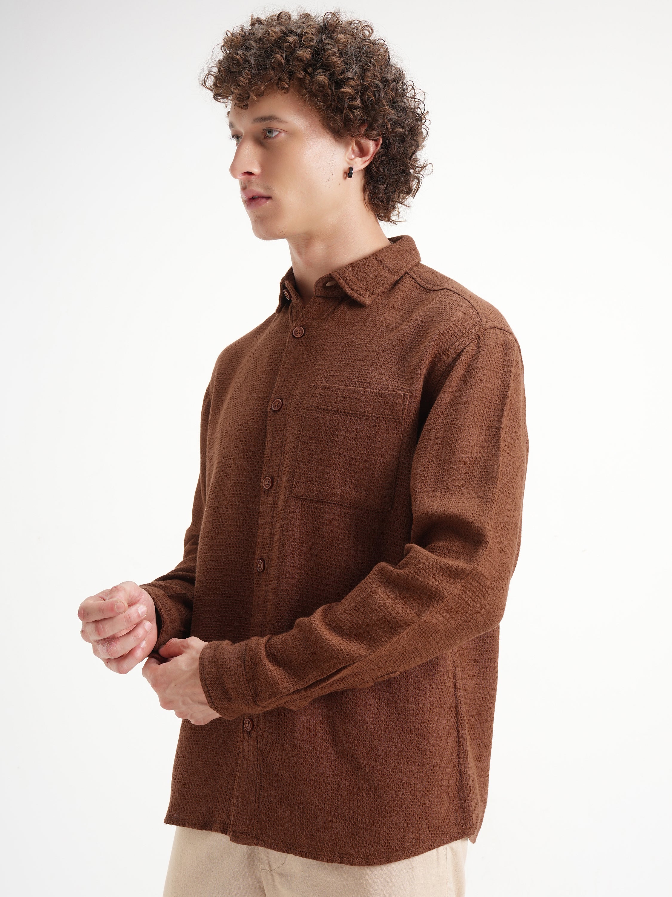 Highlander Men Brown Self Design Relaxed Fit Casual Shirt - Brown - Image 4