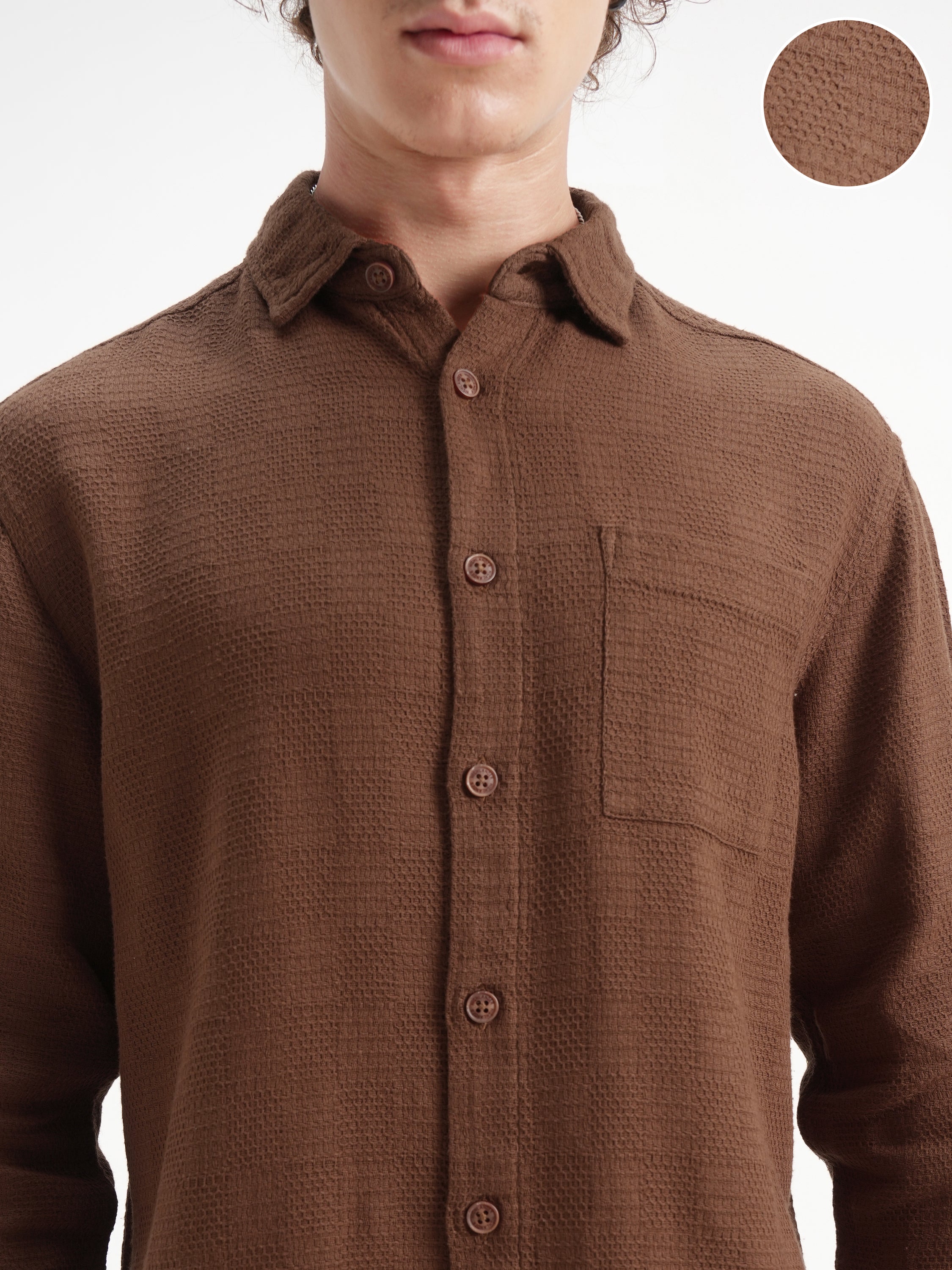 Highlander Men Brown Self Design Relaxed Fit Casual Shirt - Brown - Image 5
