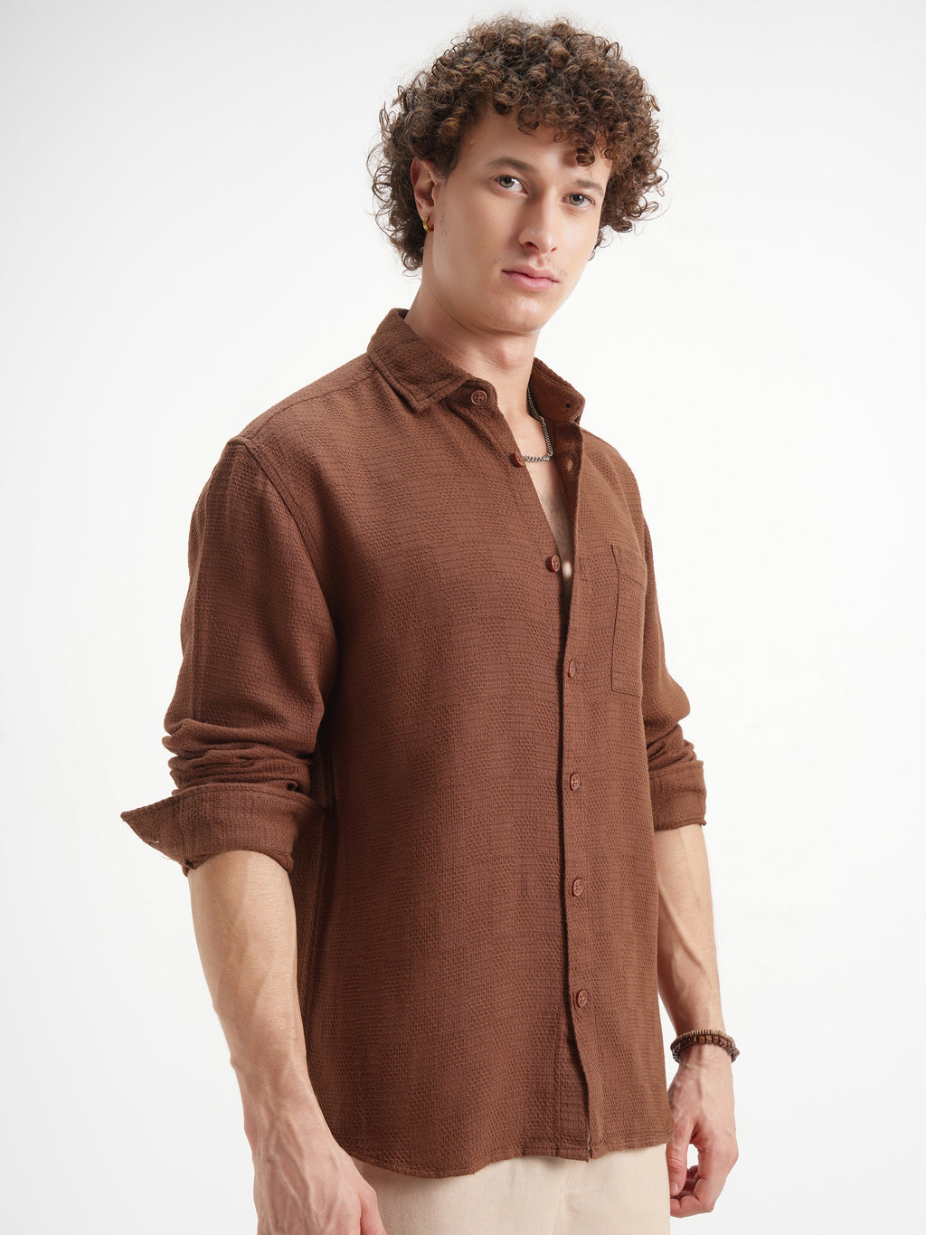 Highlander Men Brown Self Design Relaxed Fit Casual Shirt - Brown - Image 6