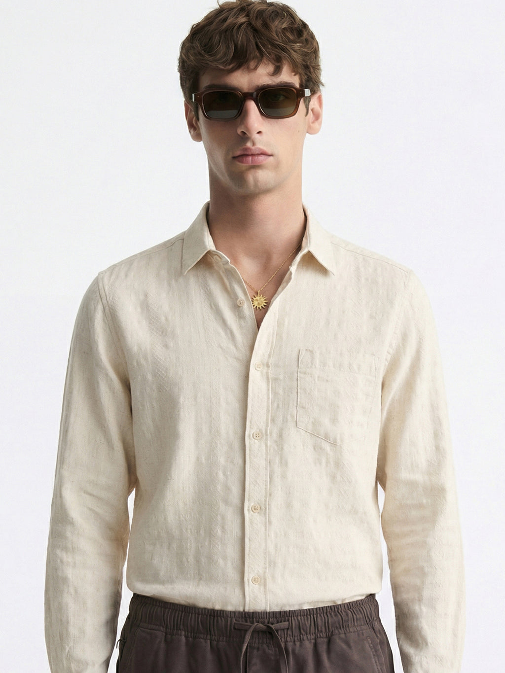 Highlander Men Cream Self Design Slim Fit Casual Shirt - Cream - Image 1