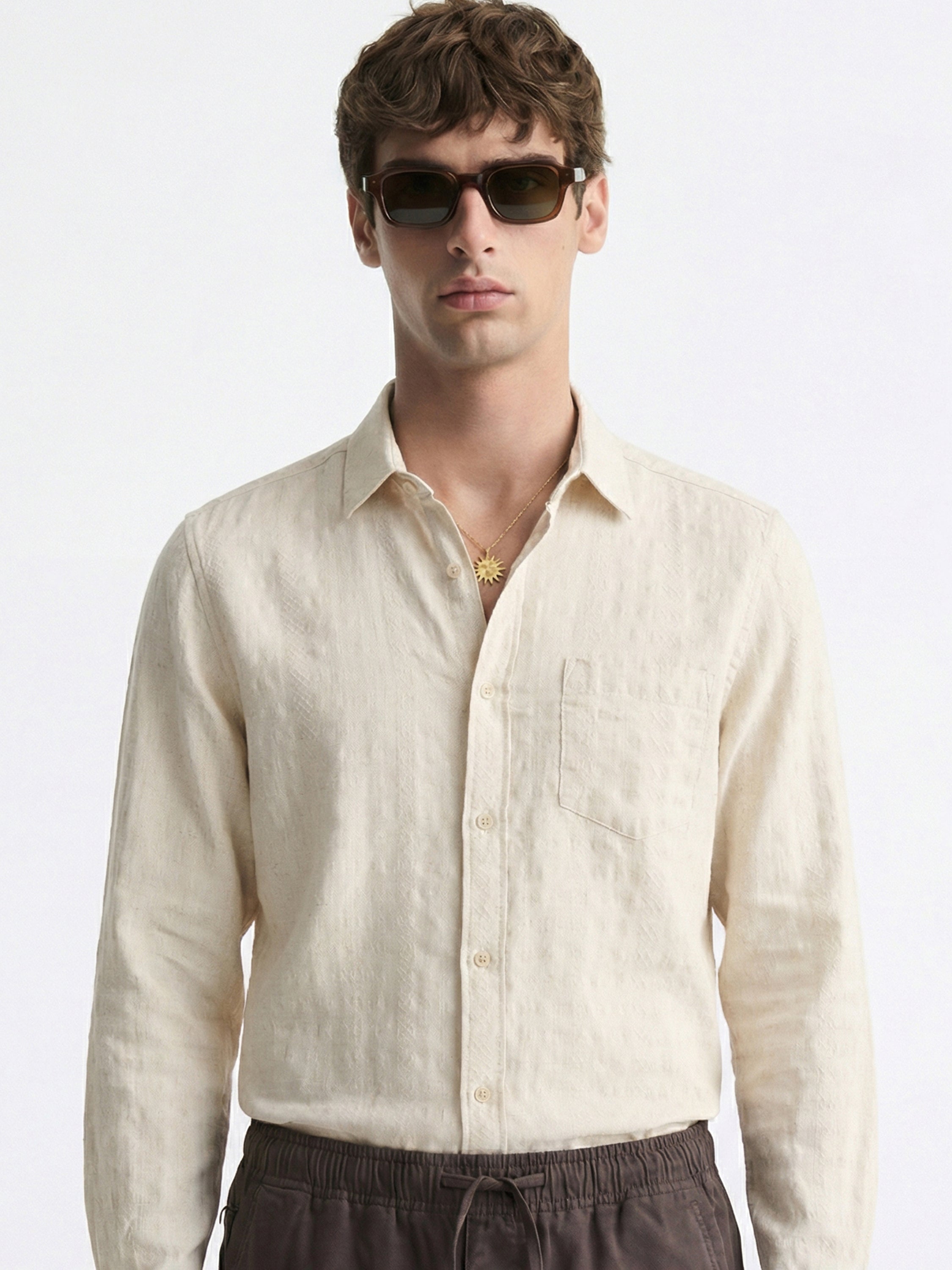 Highlander Men Cream Self Design Slim Fit Casual Shirt - Cream - Image 1