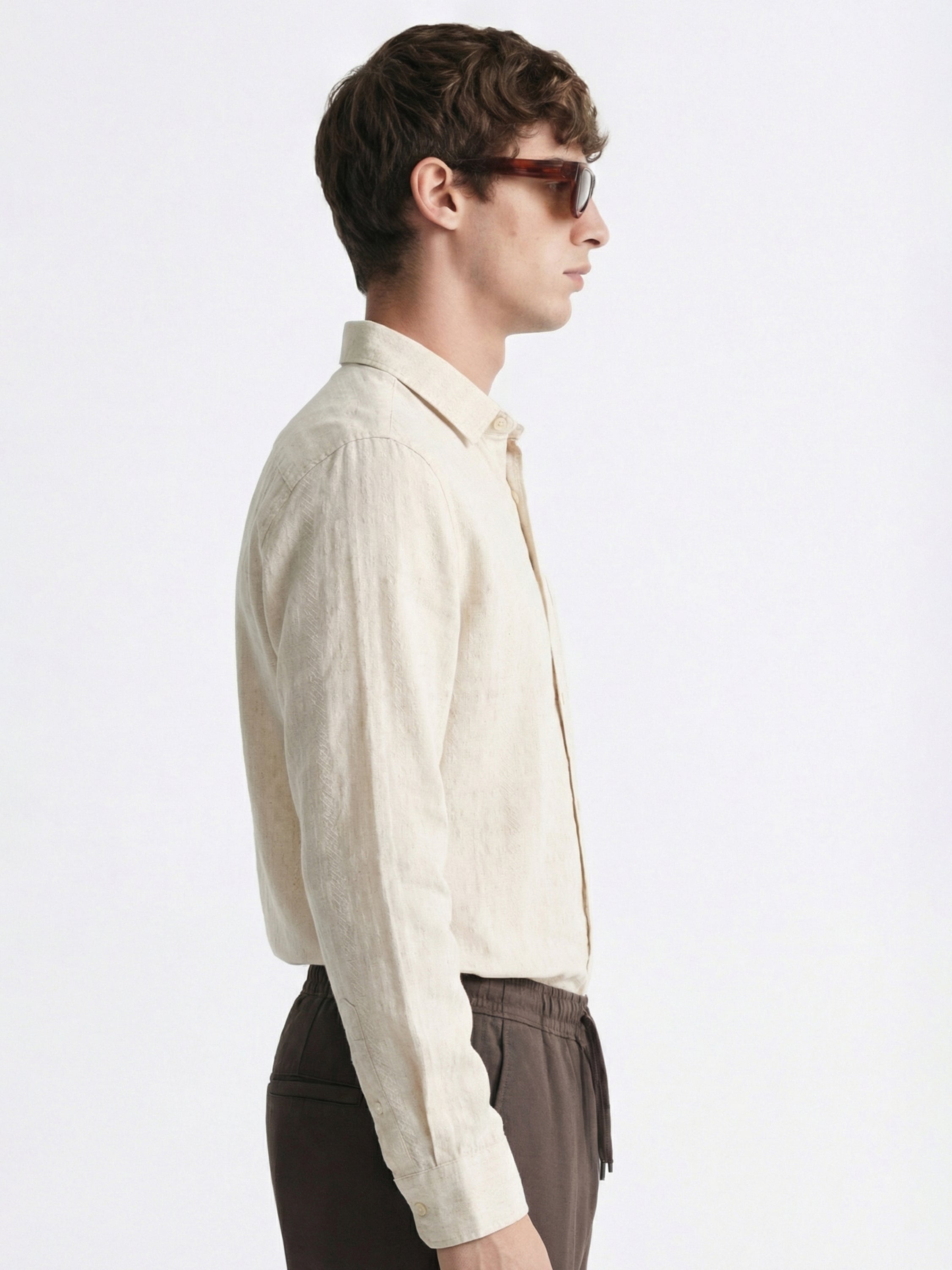Highlander Men Cream Self Design Slim Fit Casual Shirt - Cream - Image 5