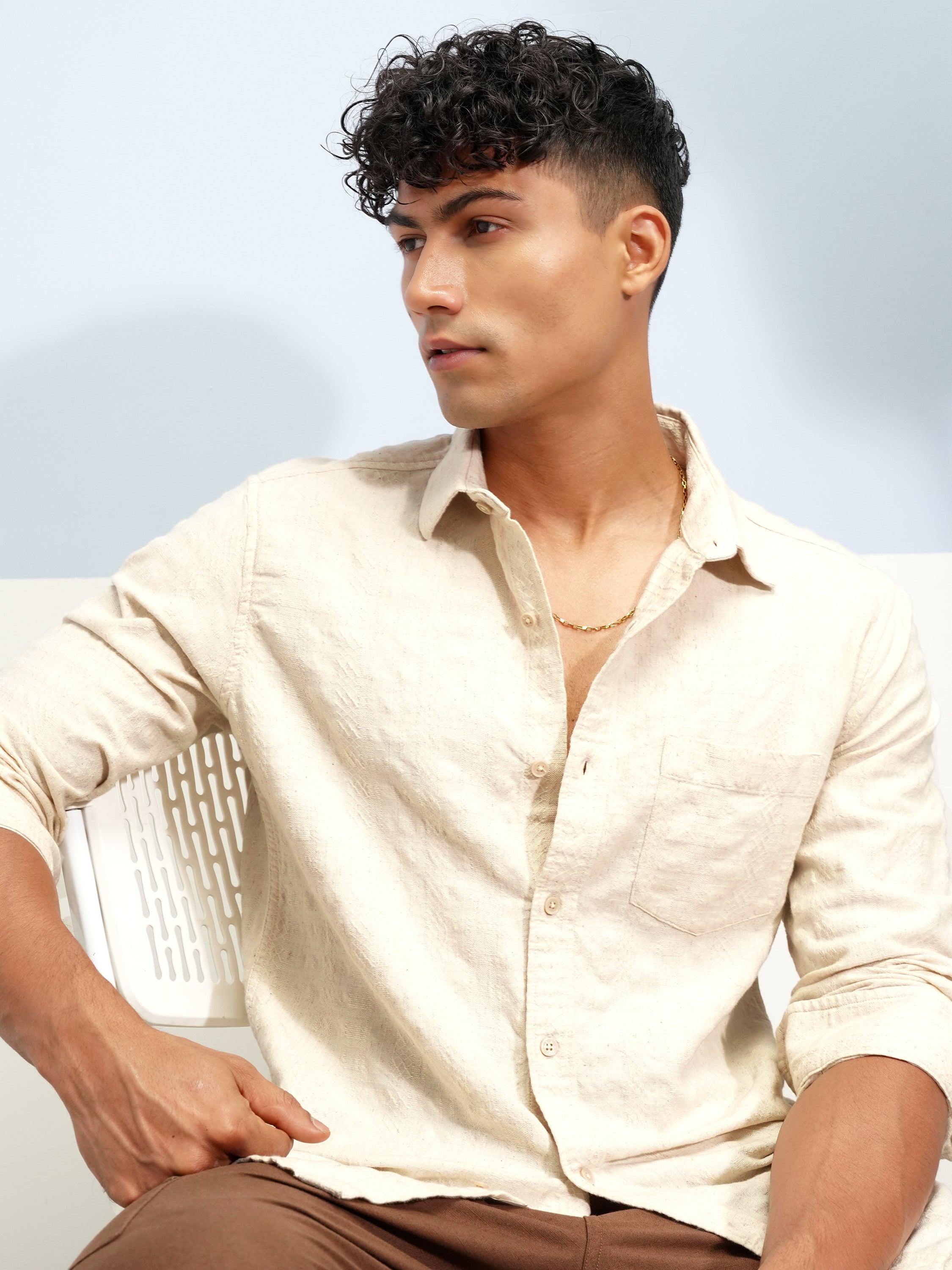 Highlander Men Beige Crushed Slim Fit Casual Shirt - Beige - Image 1