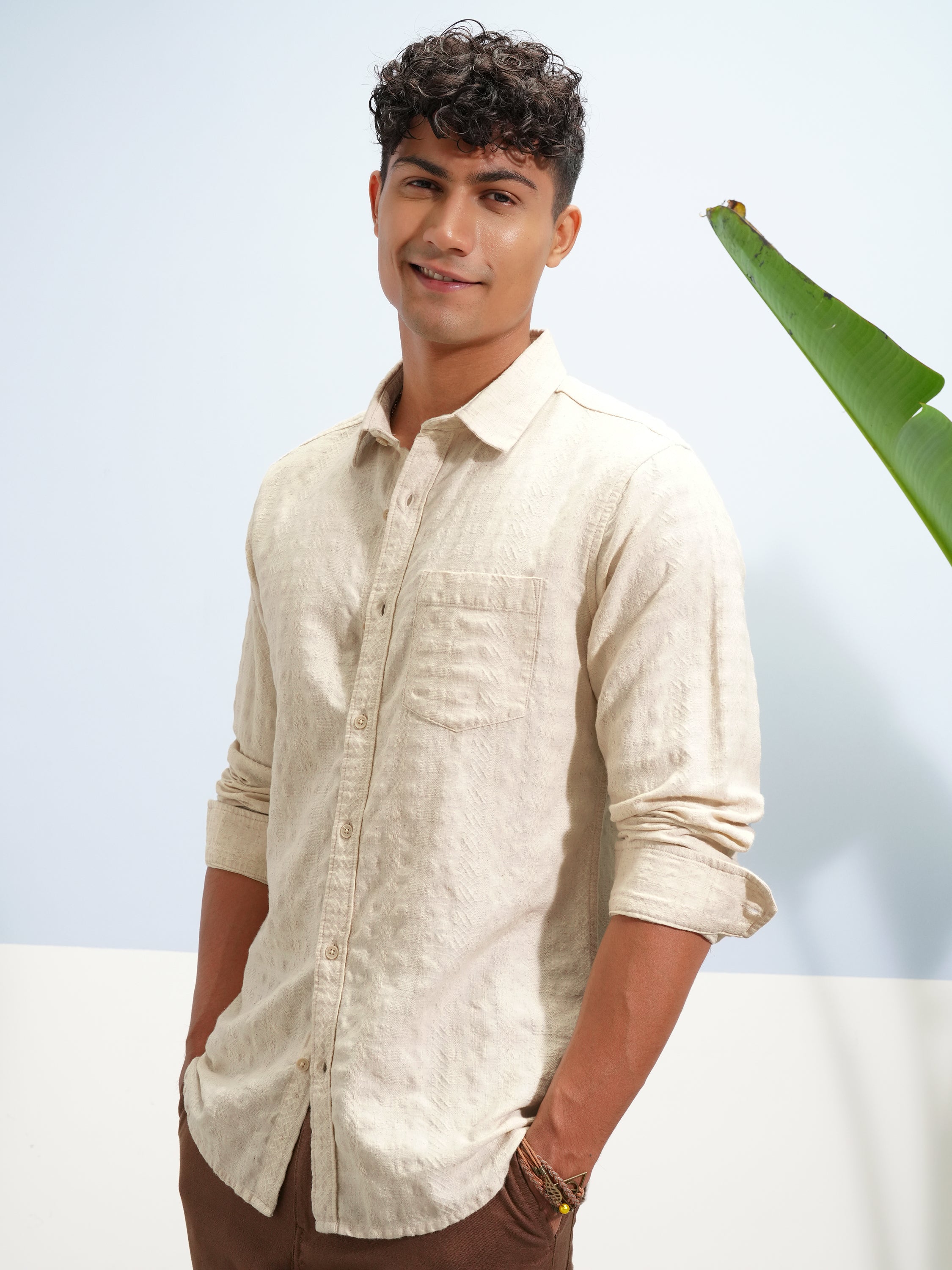 Highlander Men Beige Crushed Slim Fit Casual Shirt - Beige - Image 4