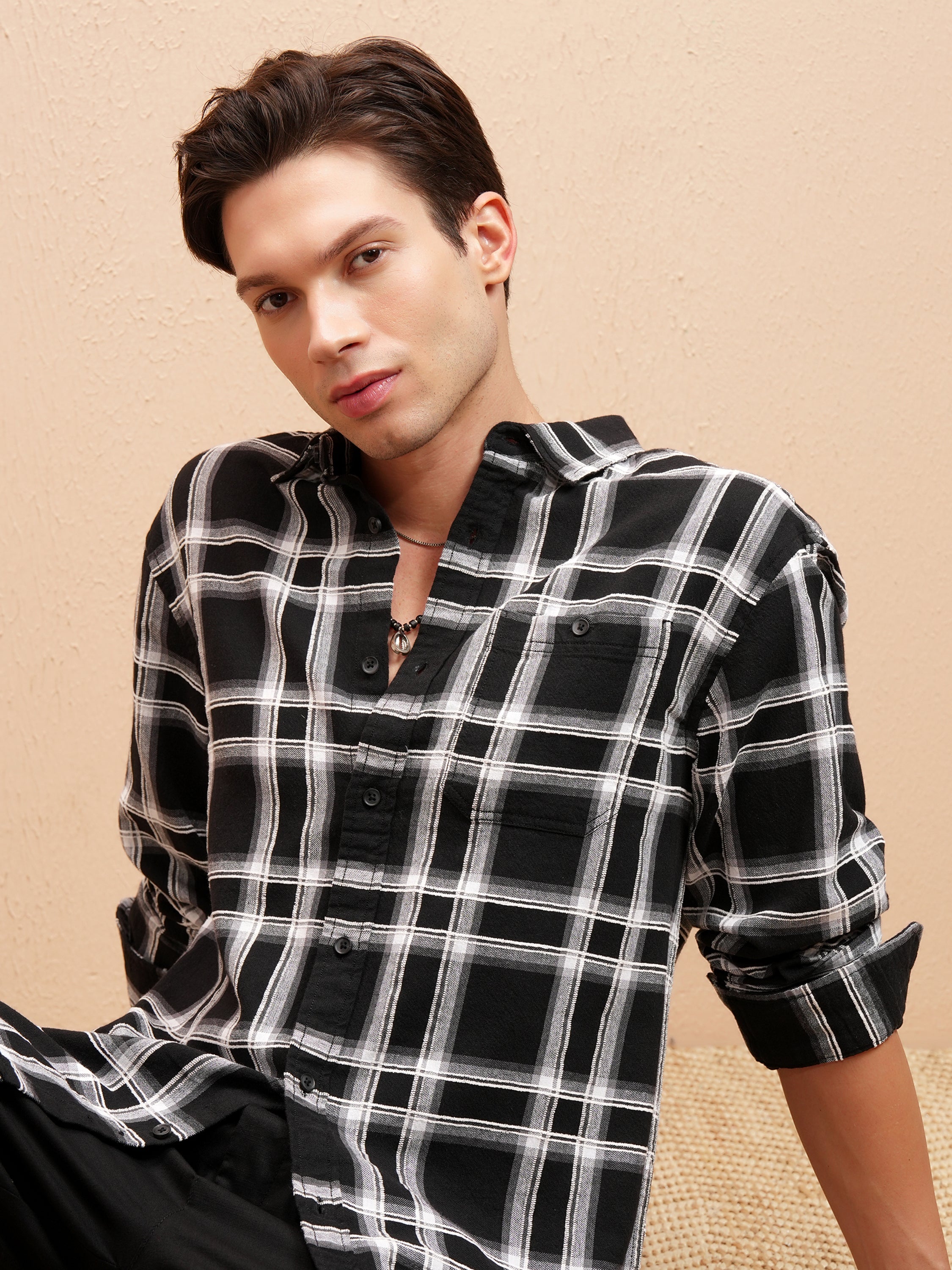 Highlander Men Black Checked Relaxed Fit Casual Shirt - Black - Image 1