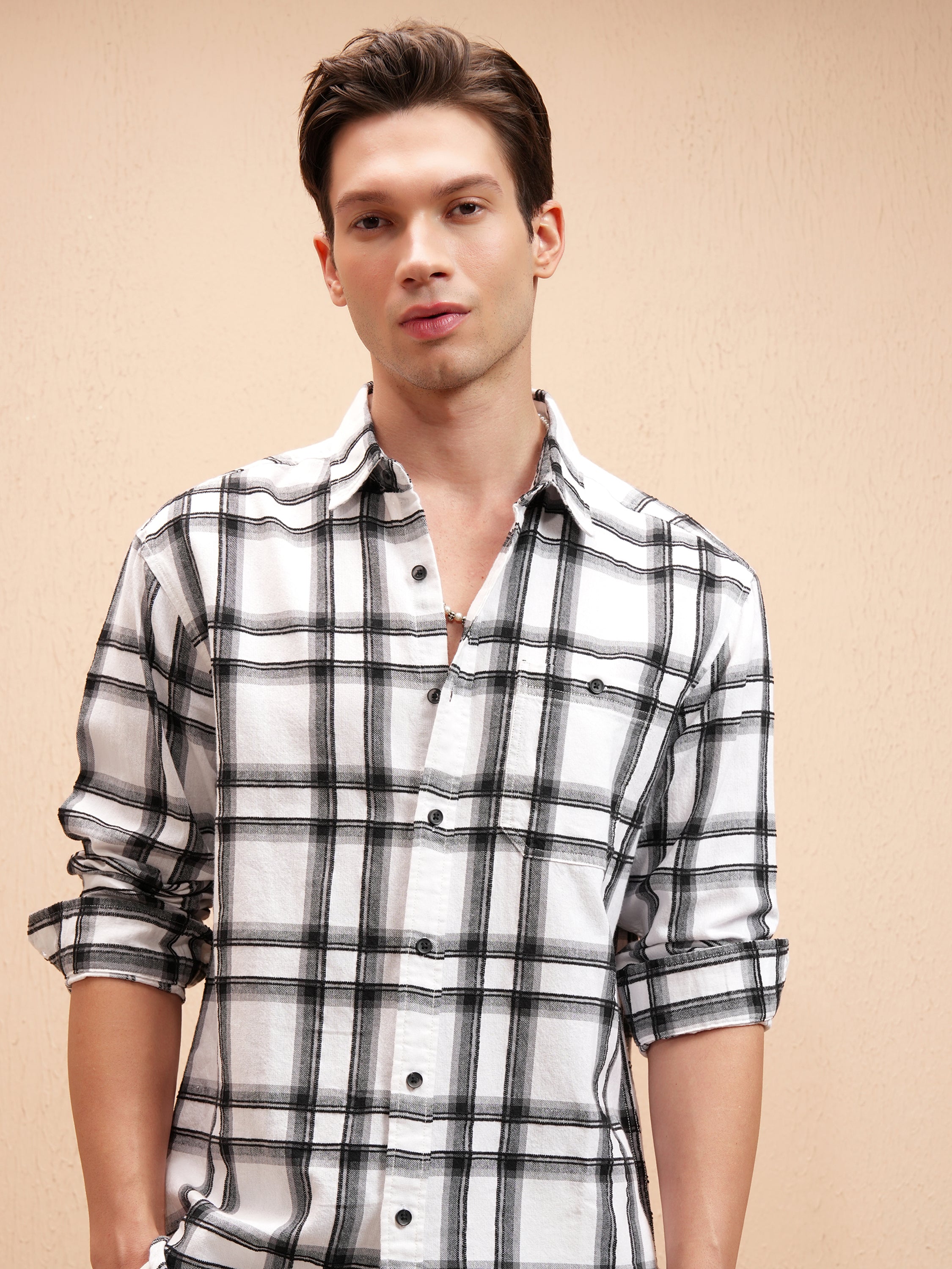 Highlander Men Off White Checked Relaxed Fit Casual Shirt - Off White - Image 1