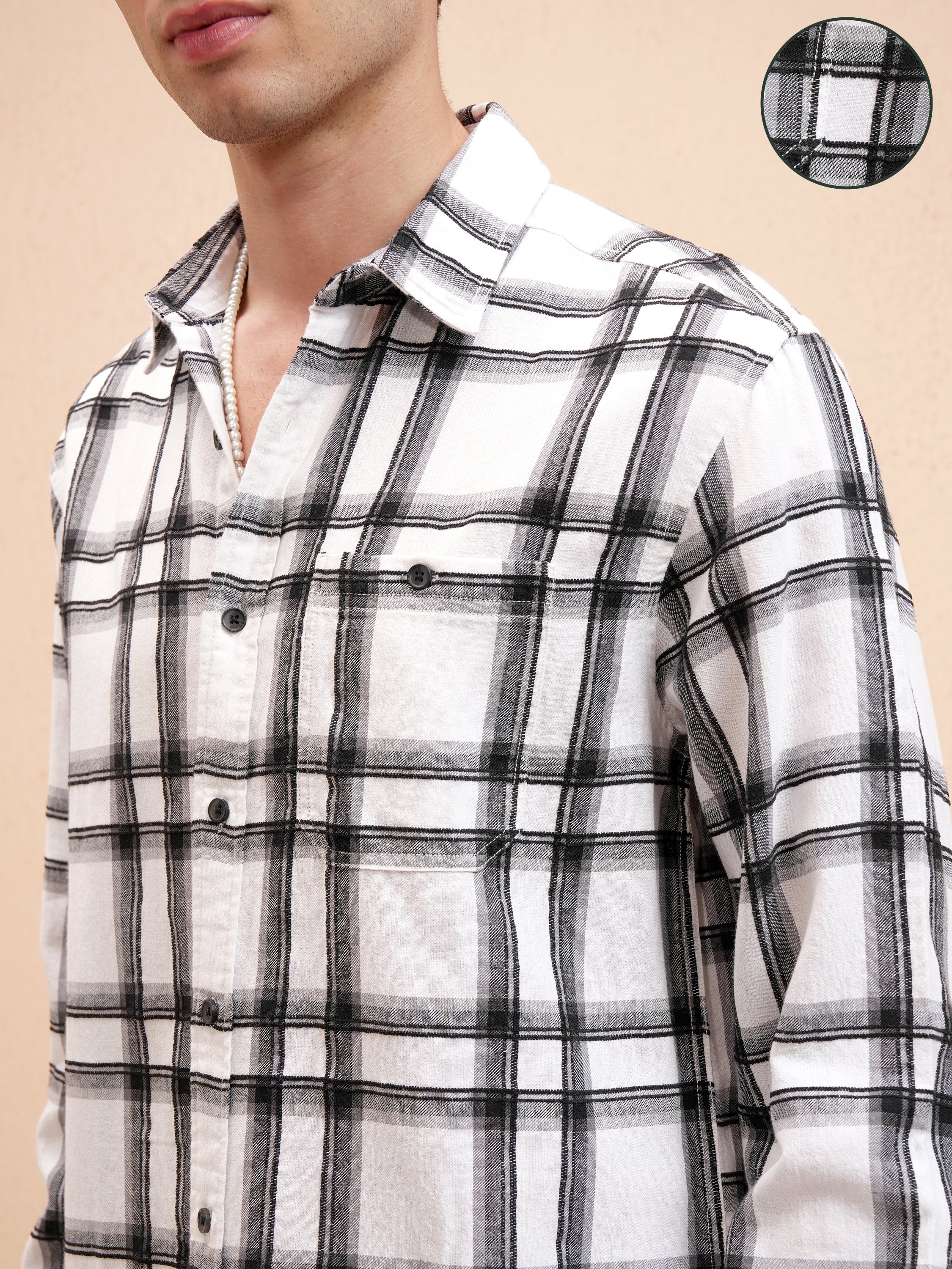 Highlander Men Off White Checked Relaxed Fit Casual Shirt - Off White - Image 5