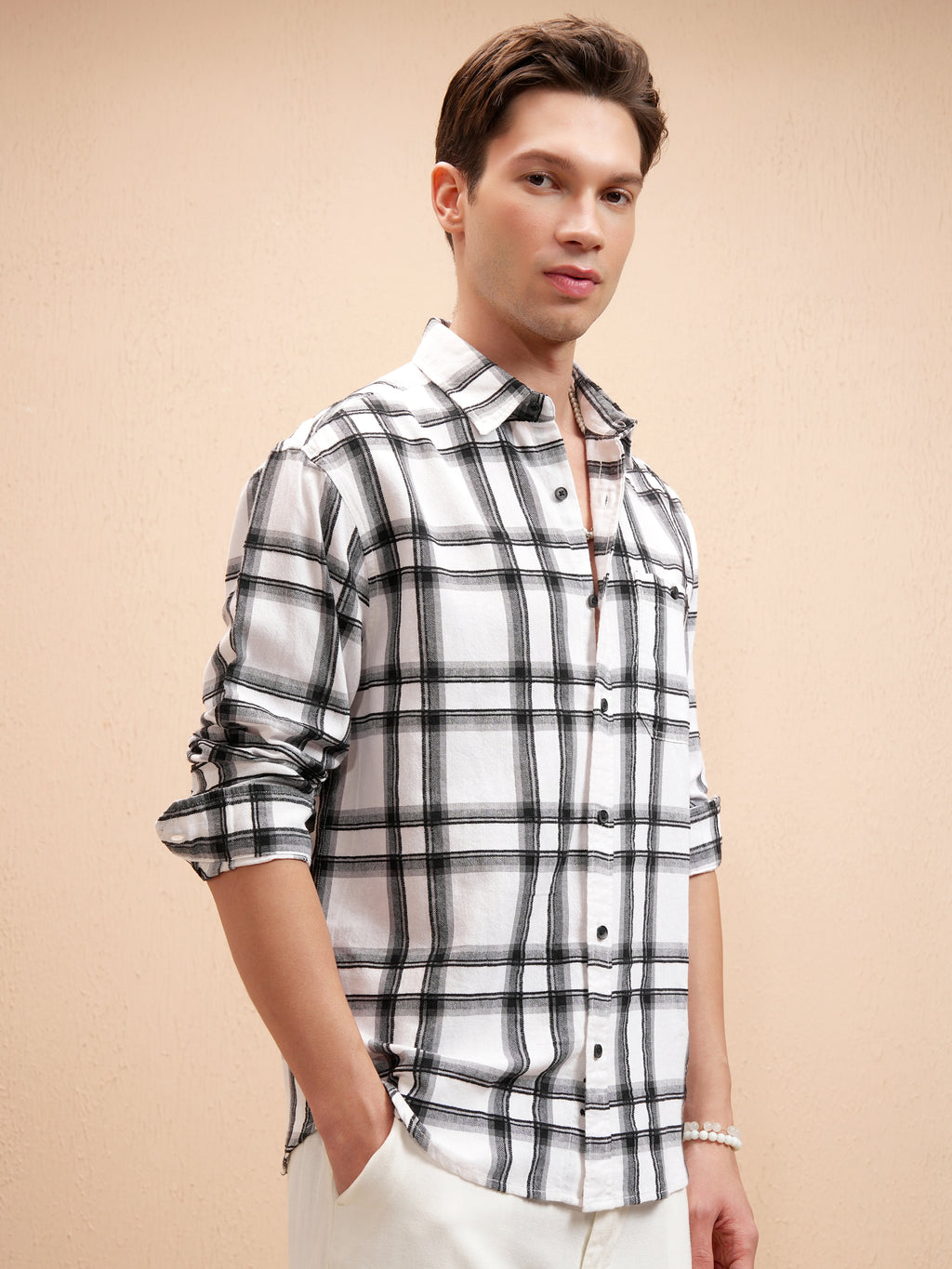 Highlander Men Off White Checked Relaxed Fit Casual Shirt - Off White - Image 6