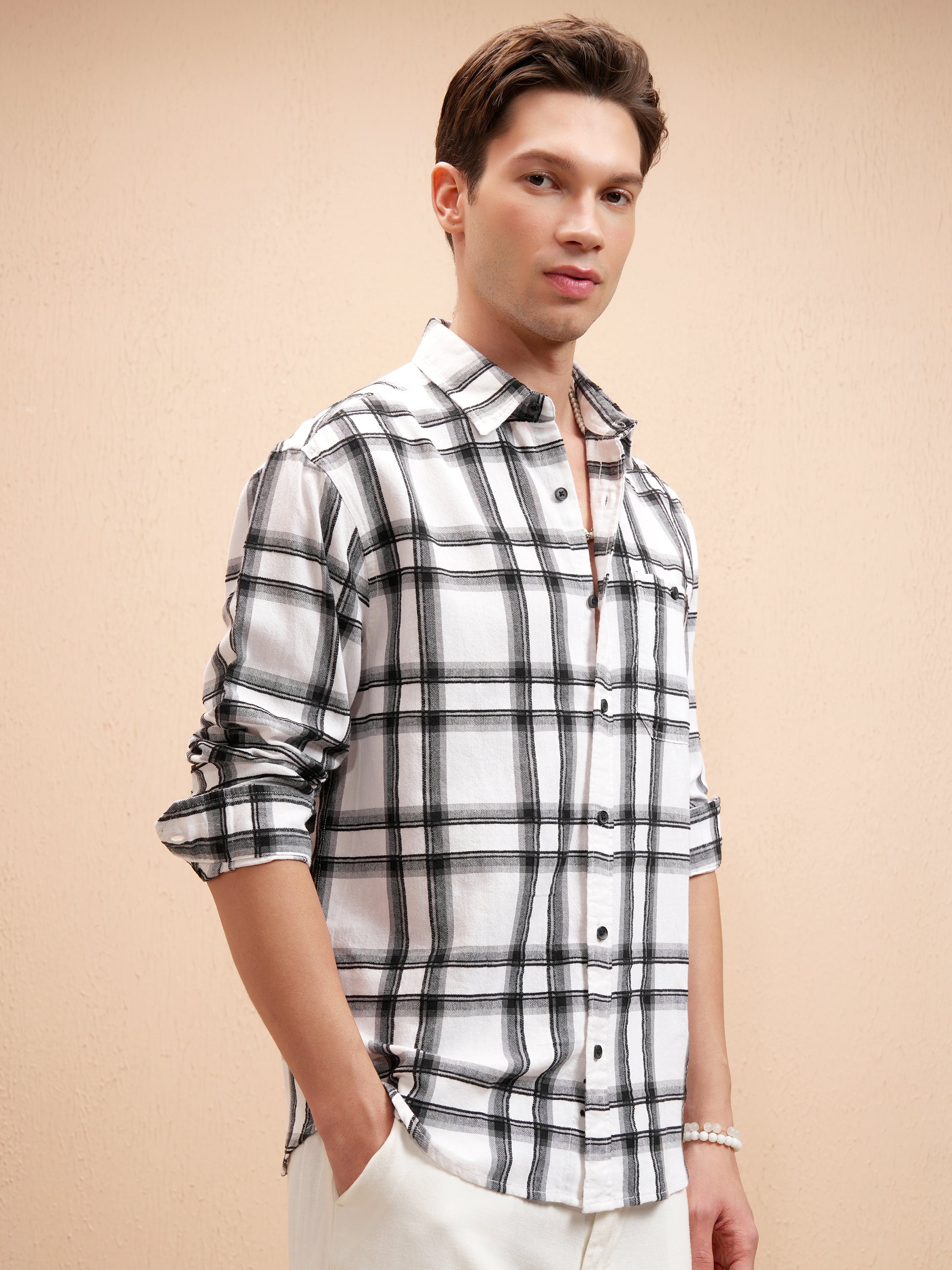 Highlander Men Off White Checked Relaxed Fit Casual Shirt - Off White - Image 6