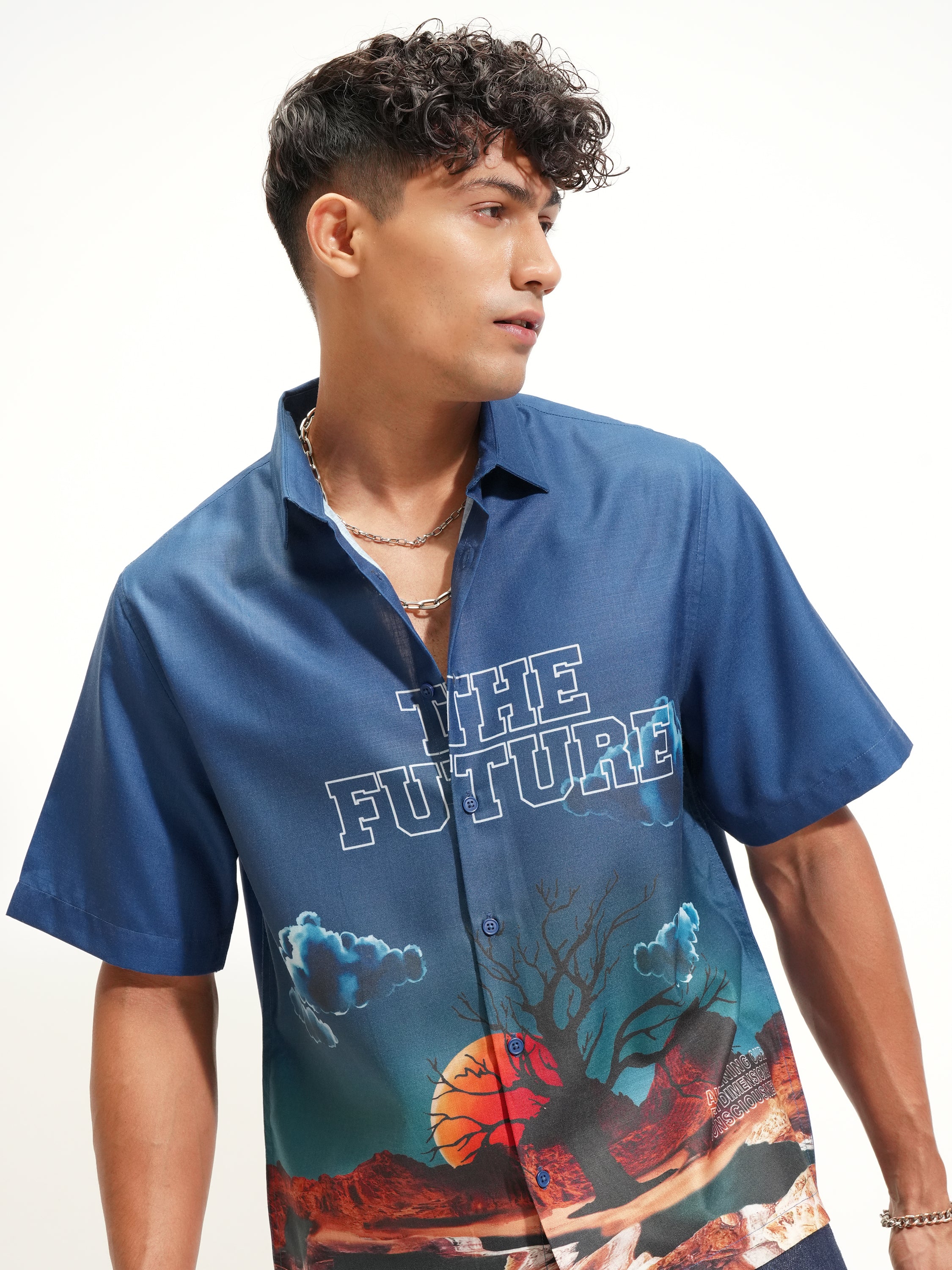 Highlander Men Navy Blue Printed Boxy Fit Casual Shirt - Navy Blue - Image 1