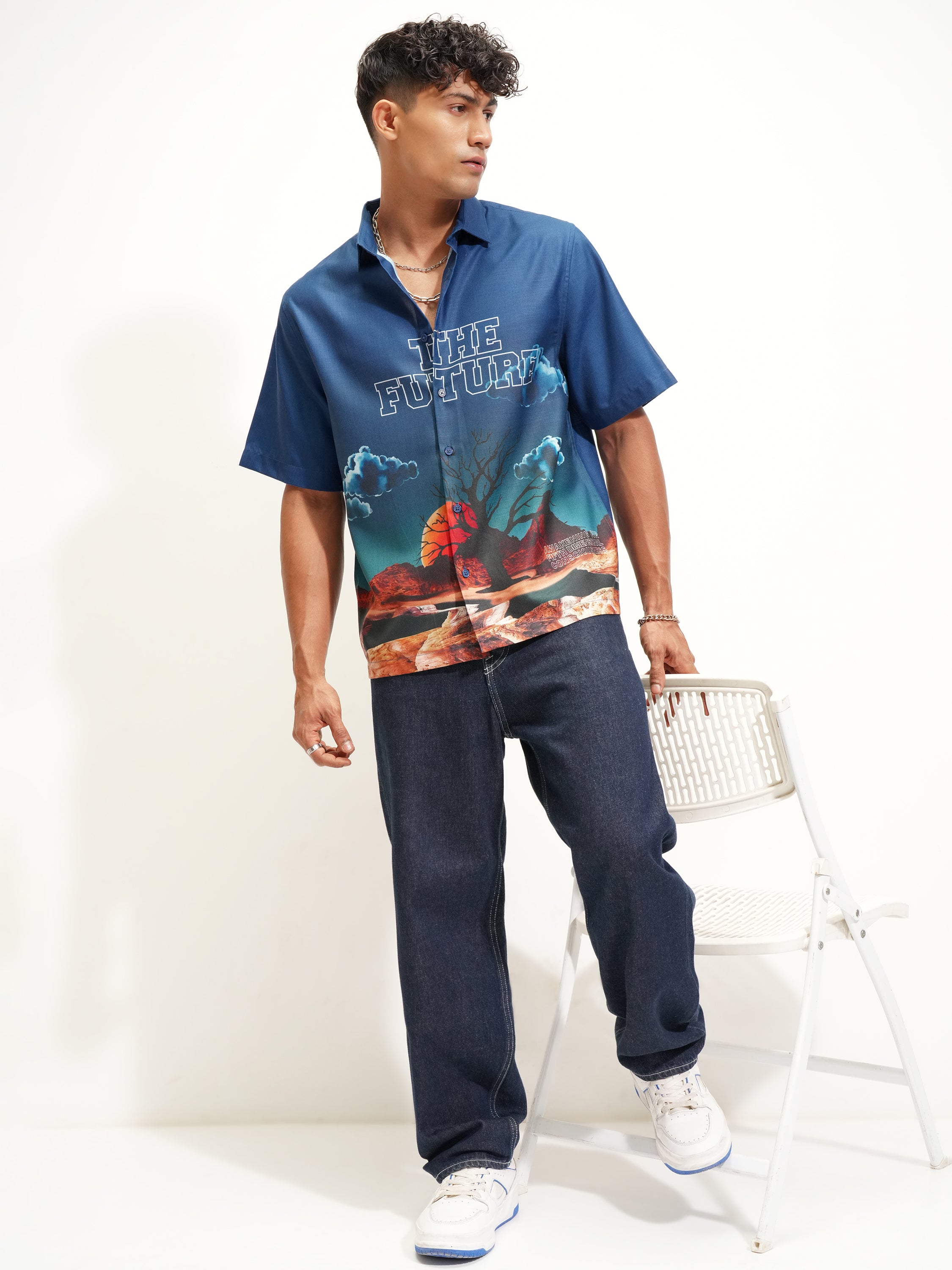 Highlander Men Navy Blue Printed Boxy Fit Casual Shirt - Navy Blue - Image 2
