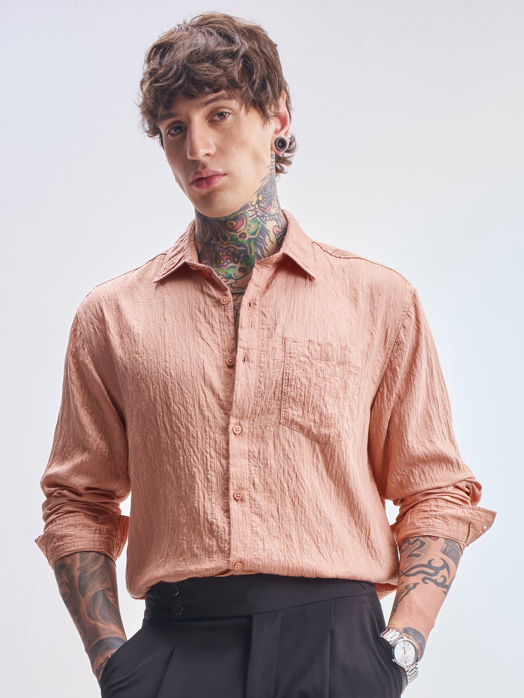 Highlander Men Coral Self Design Relaxed Fit Casual Shirt - Coral - Image 1