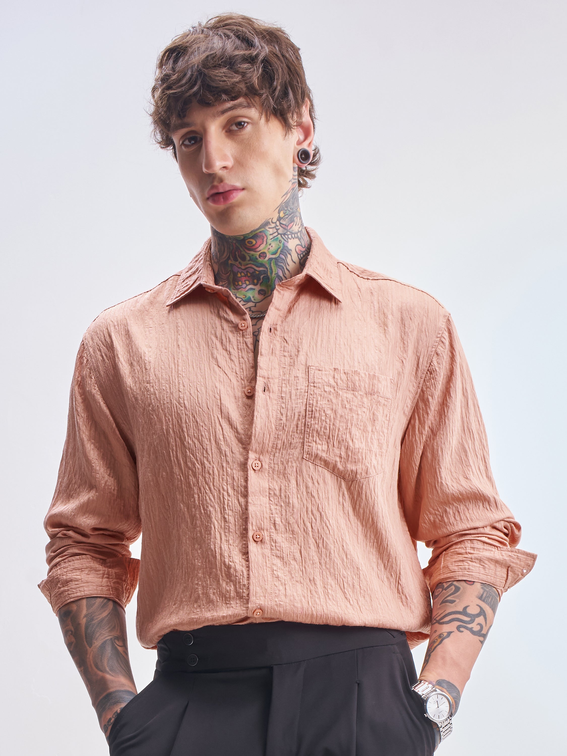 Highlander Men Coral Self Design Relaxed Fit Casual Shirt - Coral - Image 1