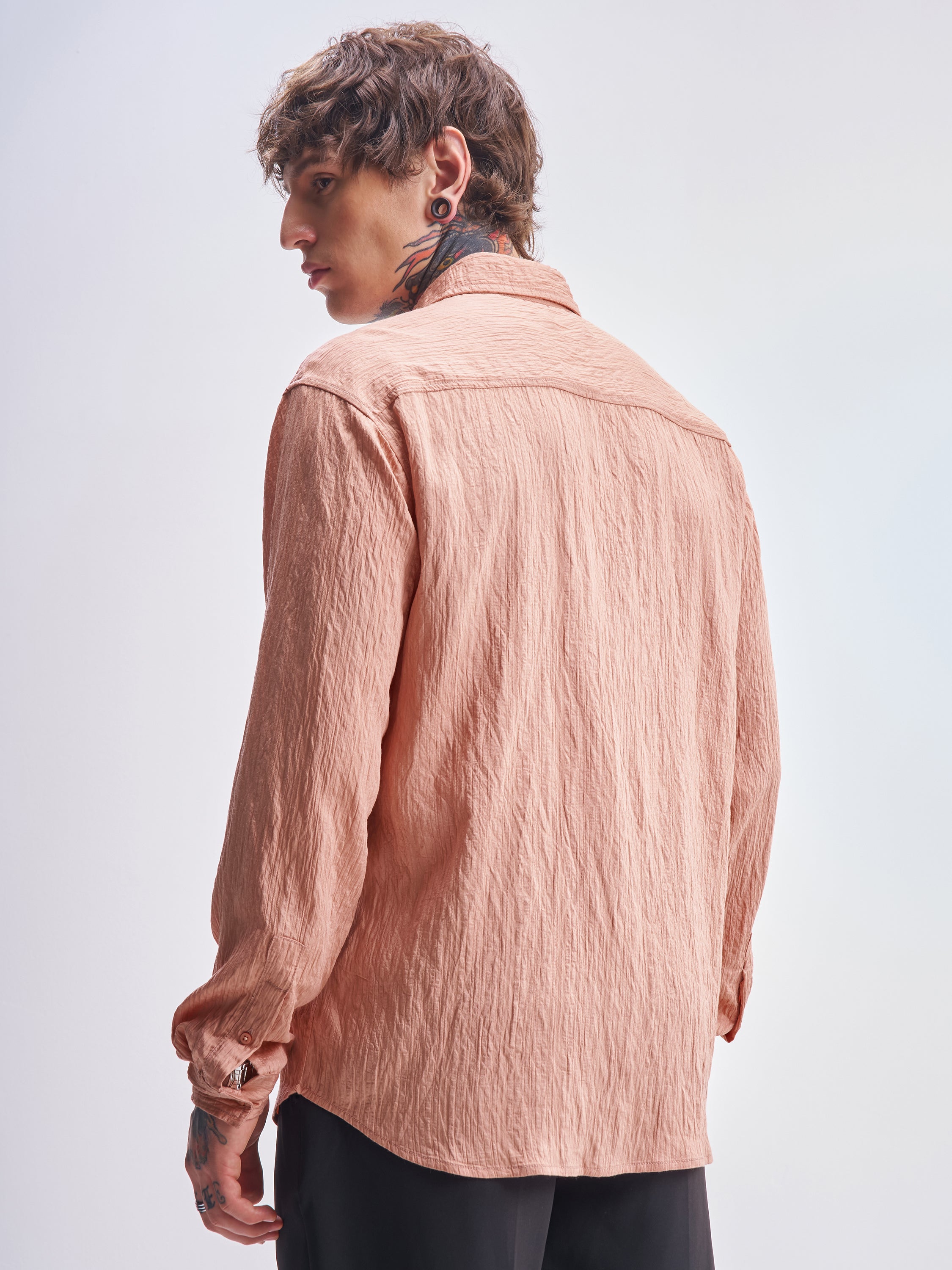 Highlander Men Coral Self Design Relaxed Fit Casual Shirt - Coral - Image 3