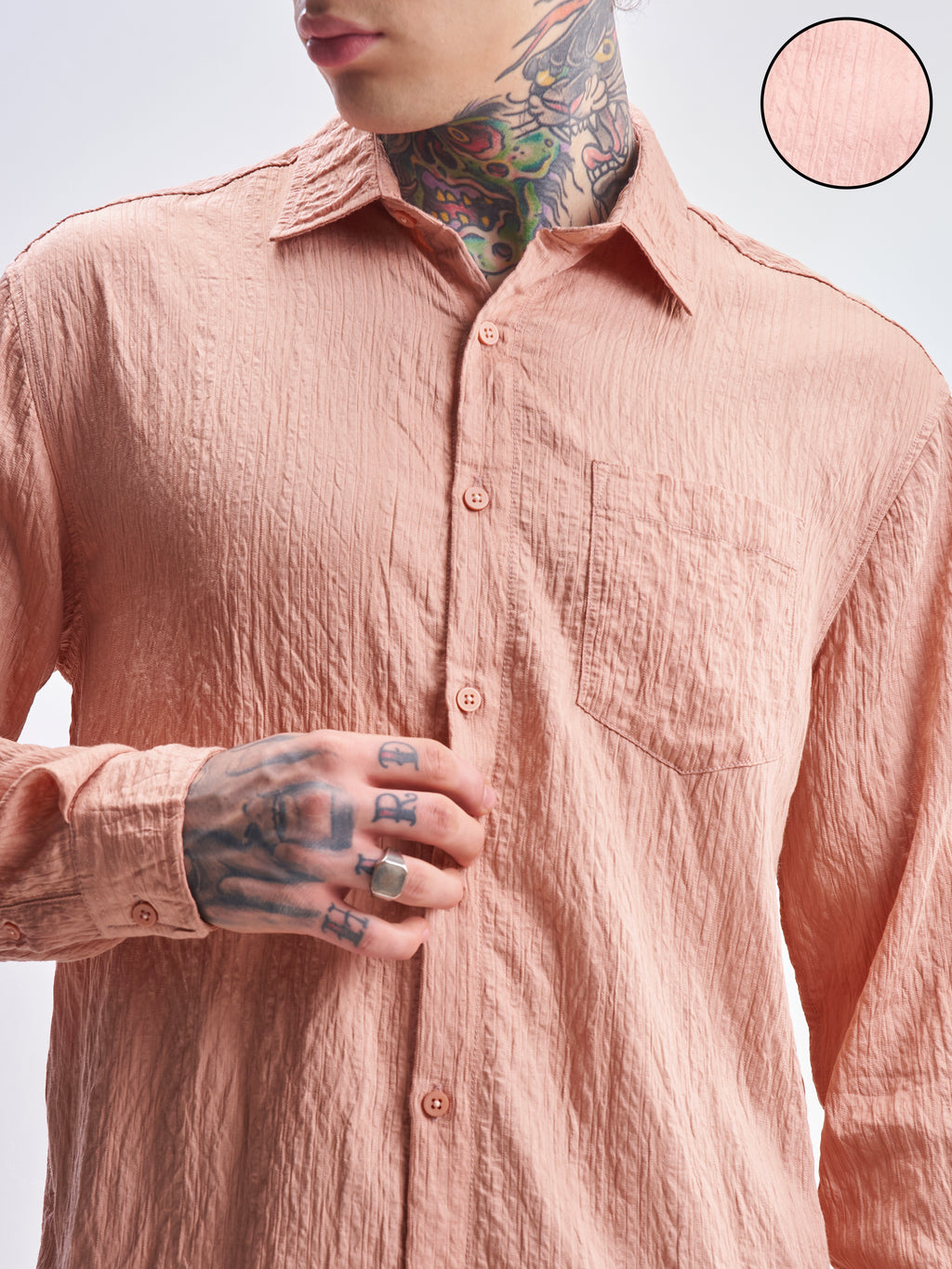 Highlander Men Coral Self Design Relaxed Fit Casual Shirt - Coral - Image 5