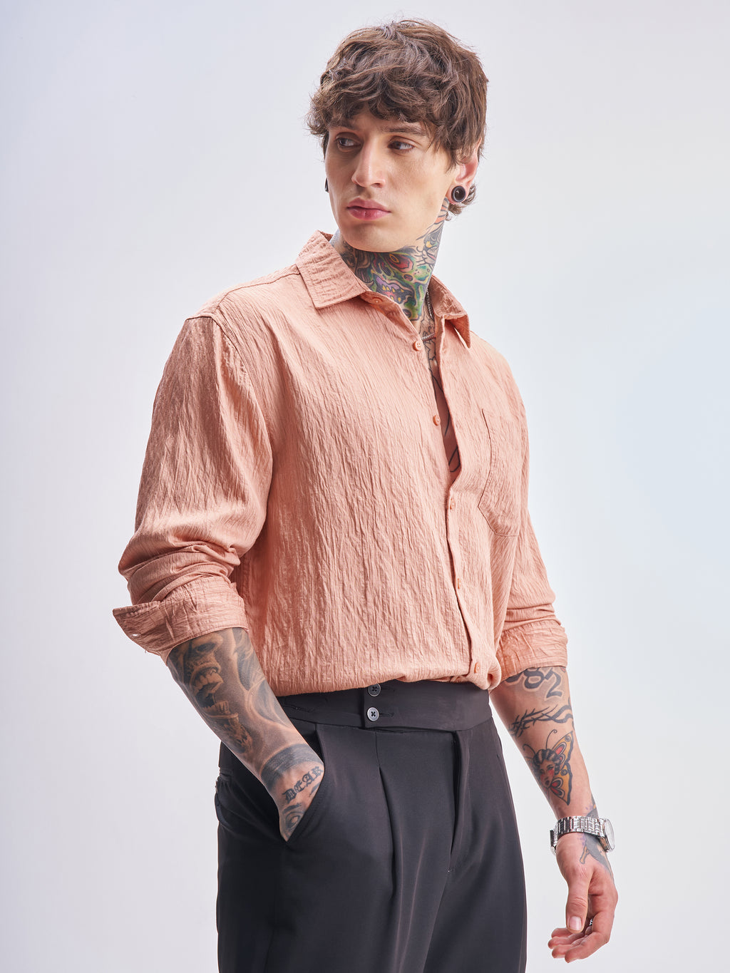 Highlander Men Coral Self Design Relaxed Fit Casual Shirt - Coral - Image 6