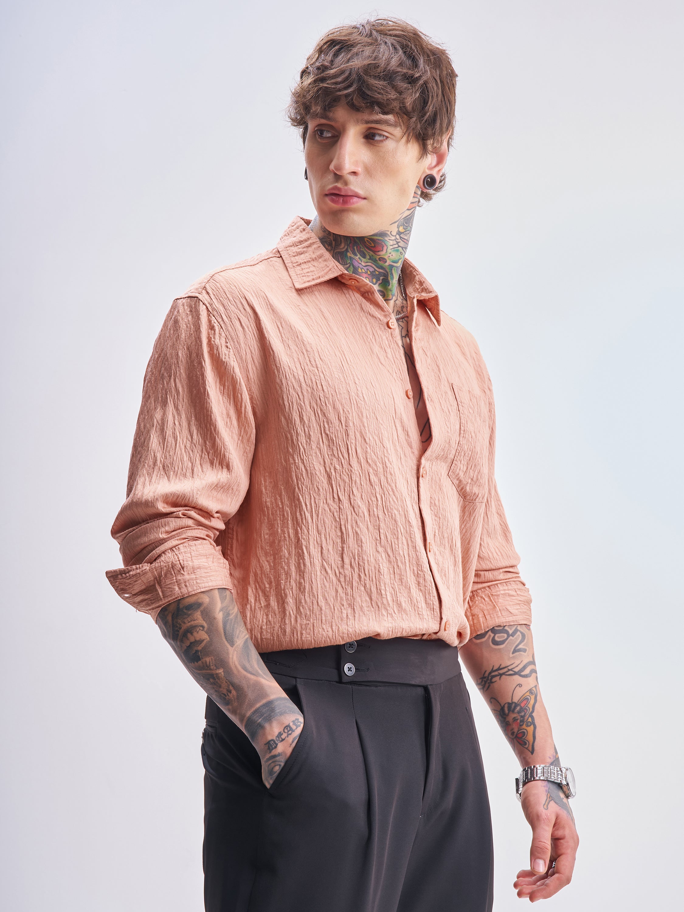 Highlander Men Coral Self Design Relaxed Fit Casual Shirt - Coral - Image 6