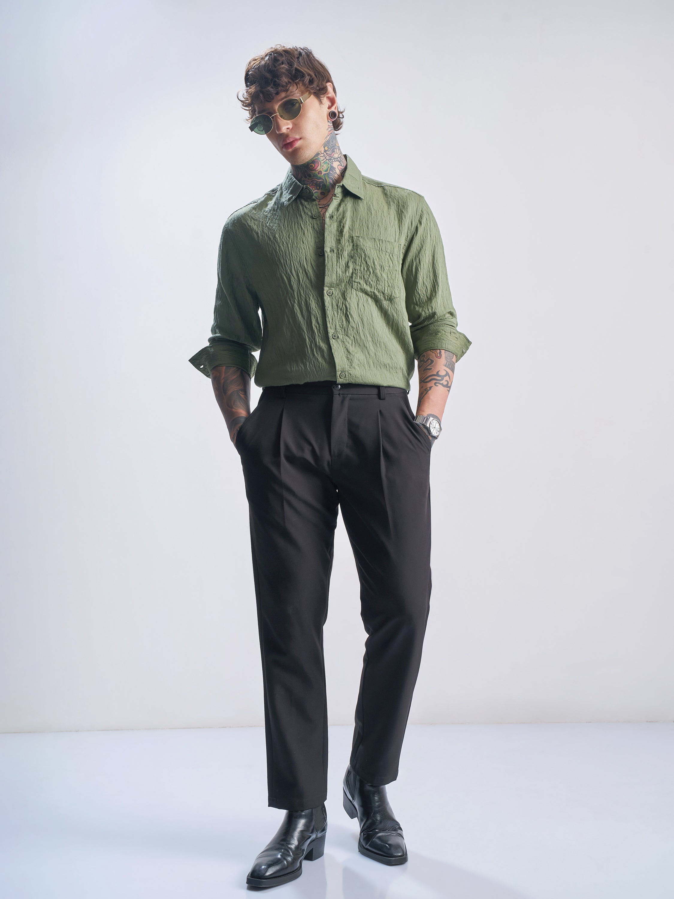 Highlander Men Green Crushed Relaxed Fit Casual Shirt - Green - Image 2
