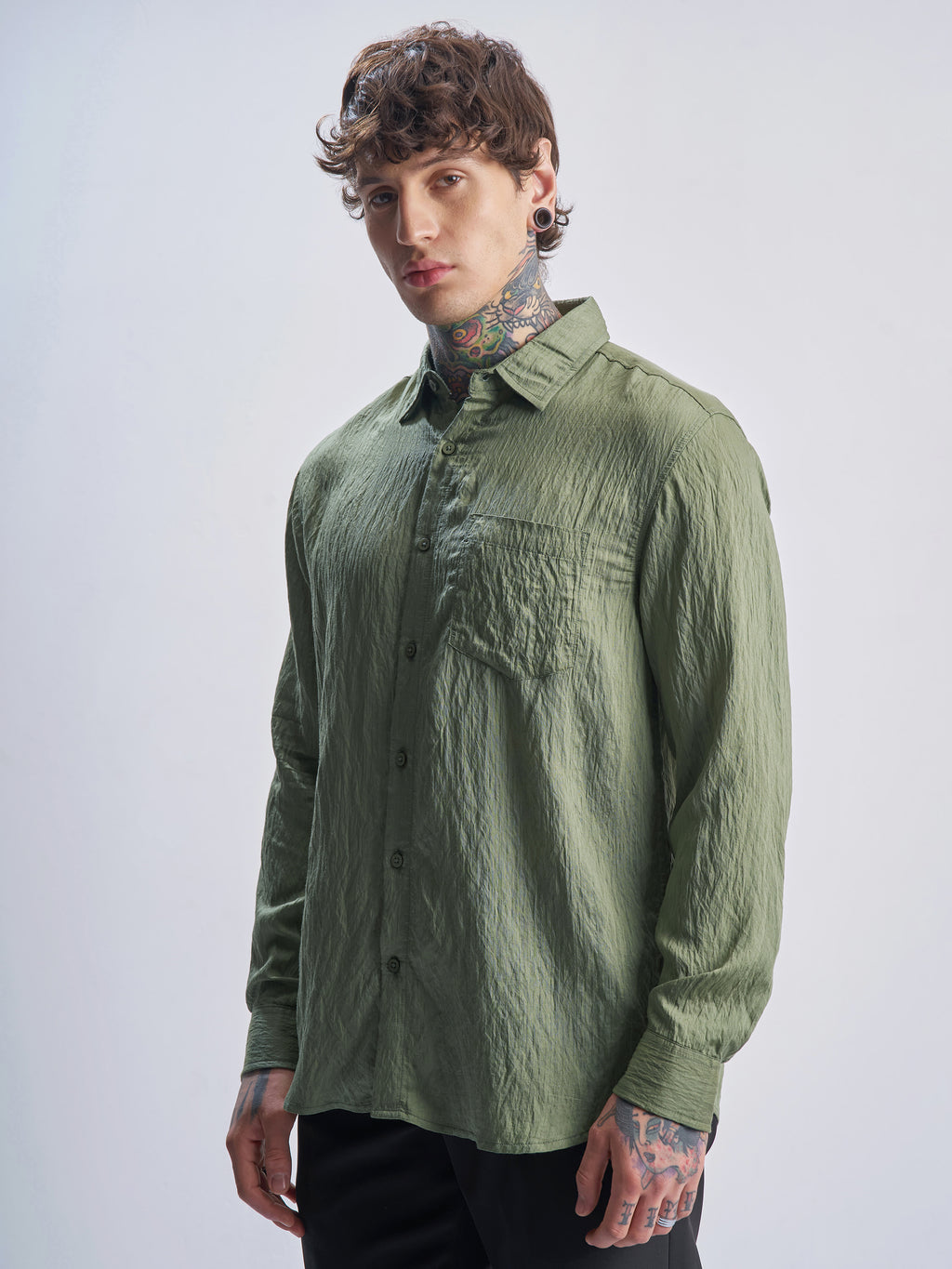 Highlander Men Green Crushed Relaxed Fit Casual Shirt - Green - Image 4